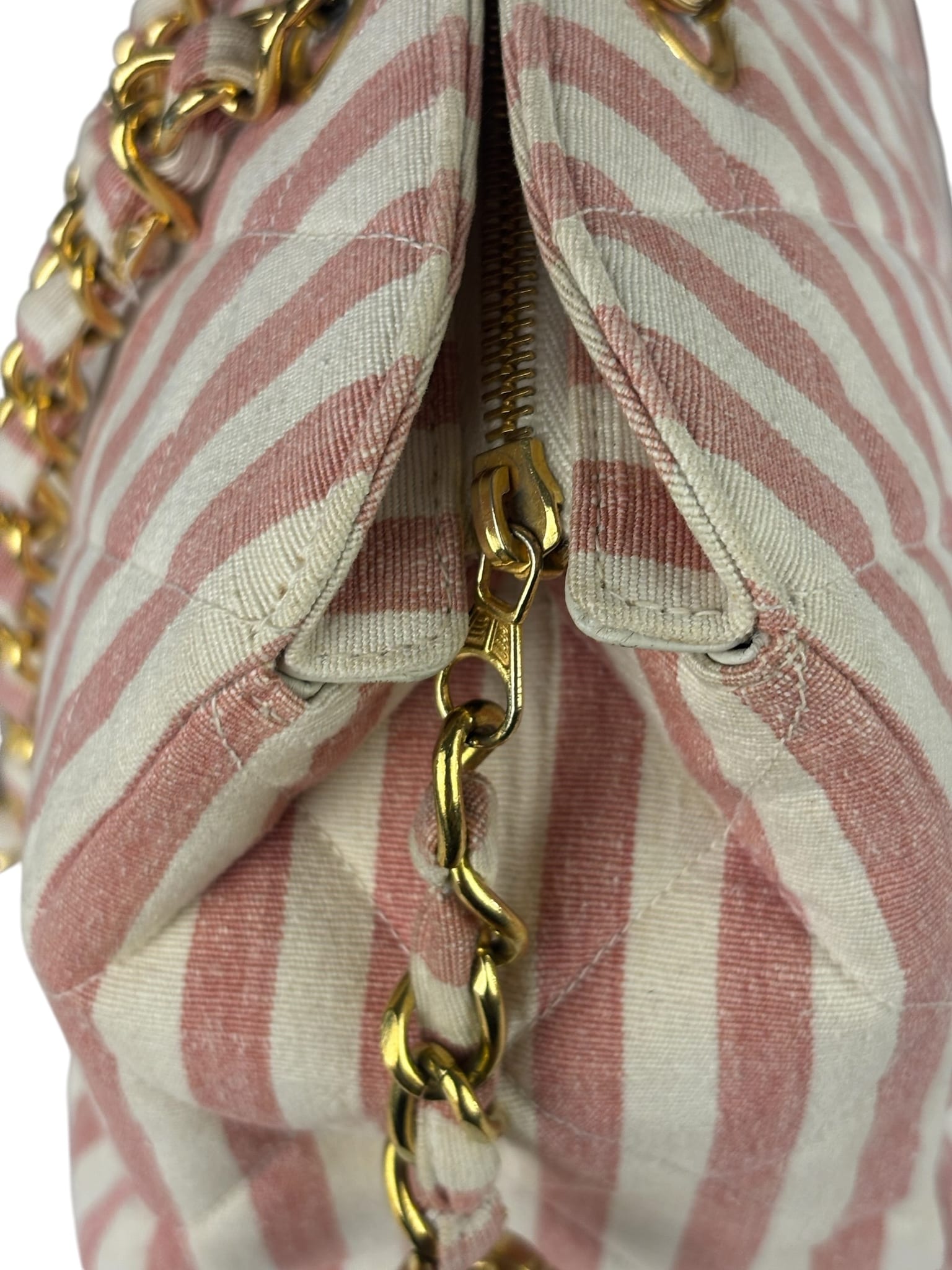 Chanel Vintage Pink/Cream Denim Maxi Stripped Tote 1994