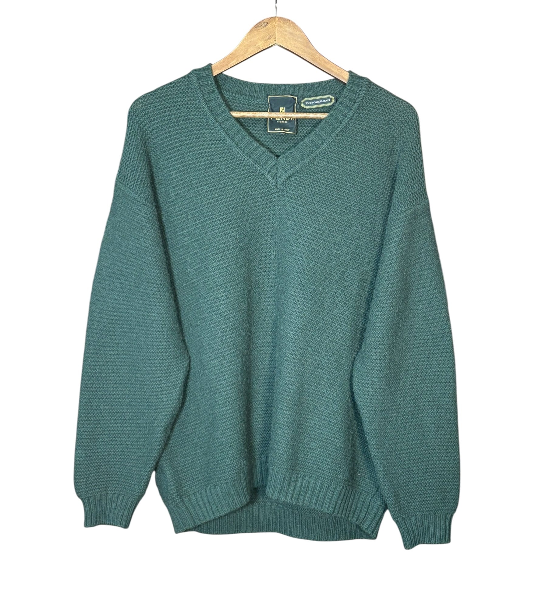 Fendi Green Vintage V-Neck Camel Hair Sweater