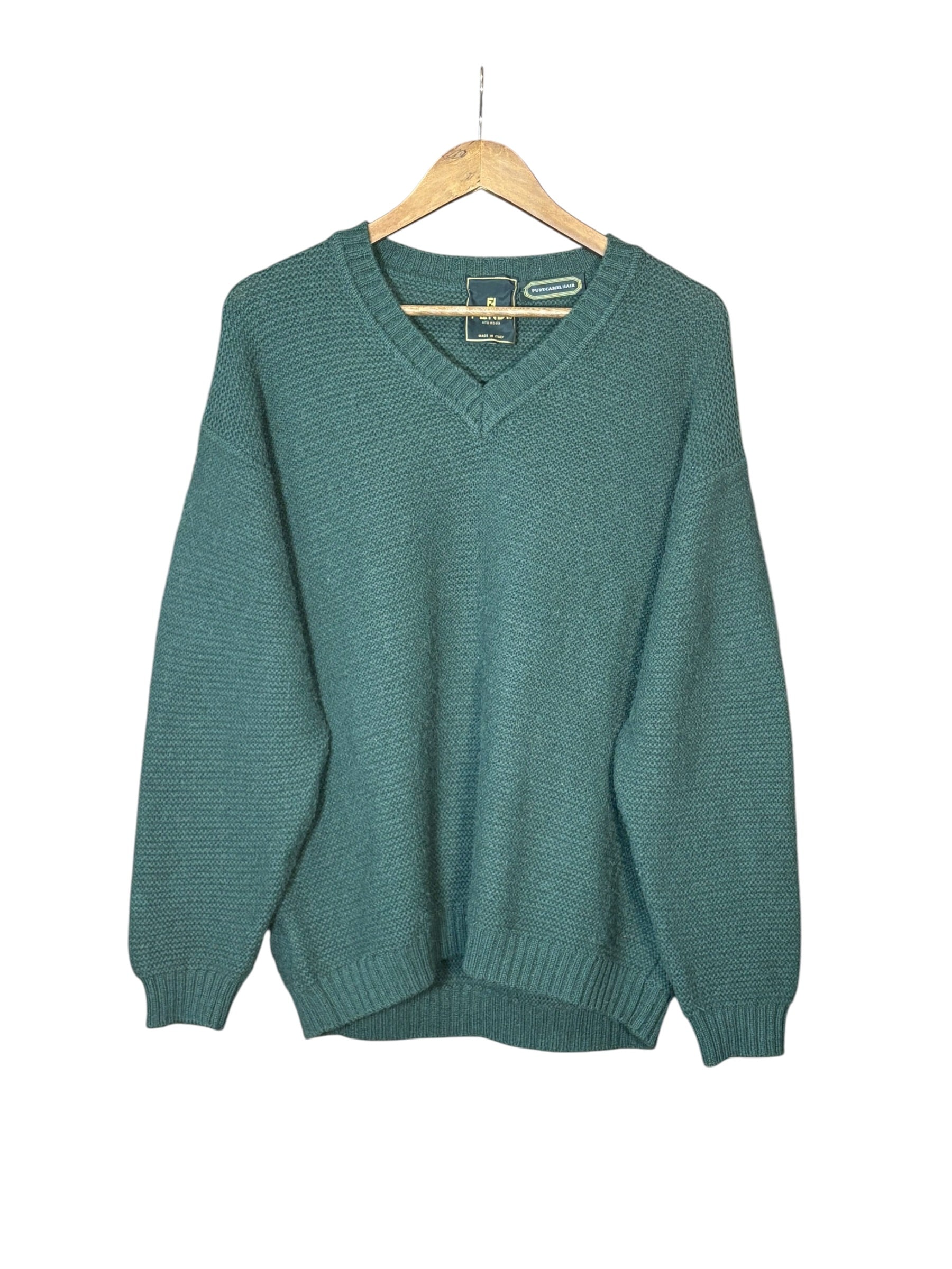 Fendi Green Vintage V-Neck Camel Hair Sweater