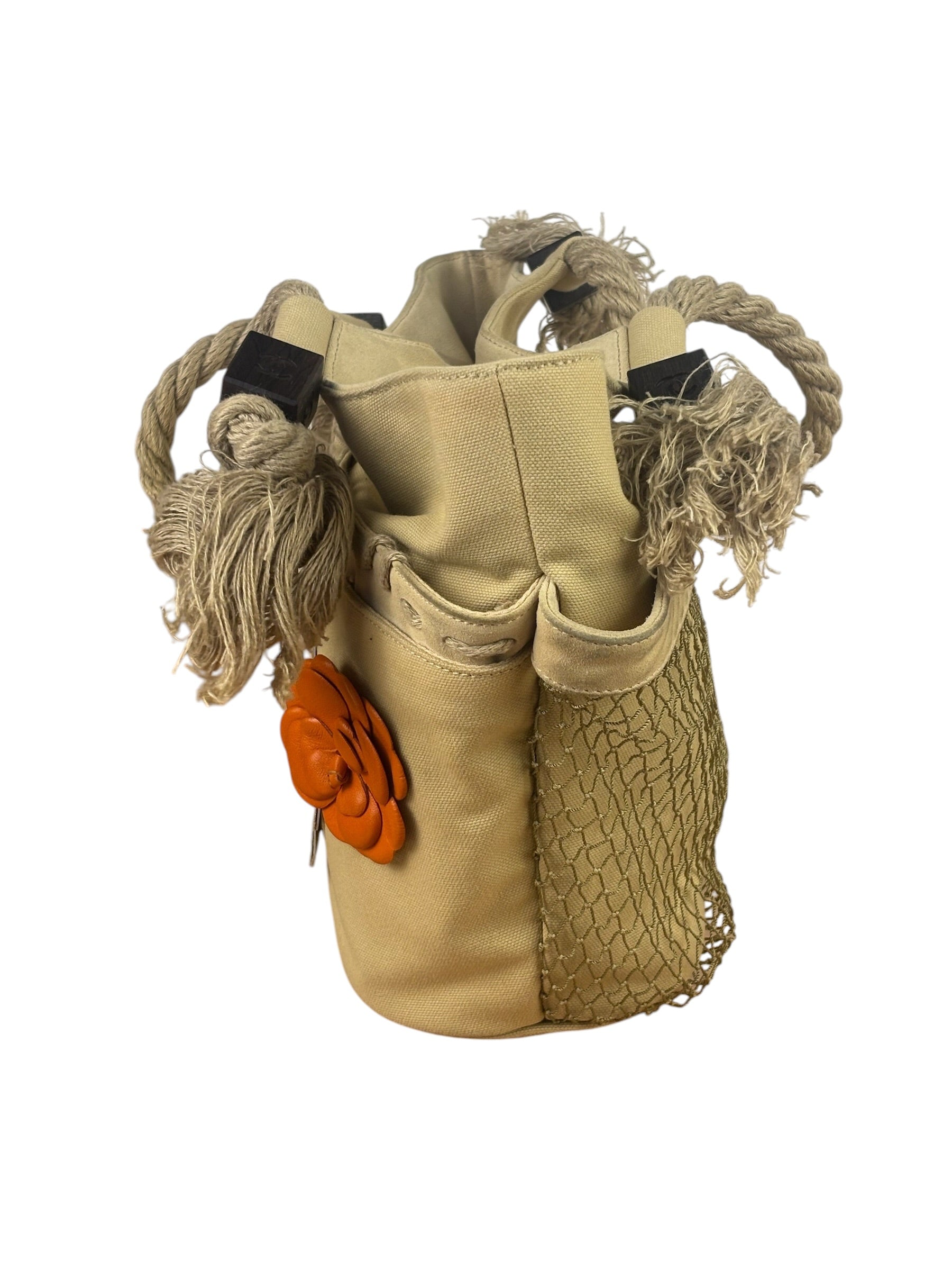 Chanel Vintage Beige Denim/Leather Trim Camellia Rope Tote