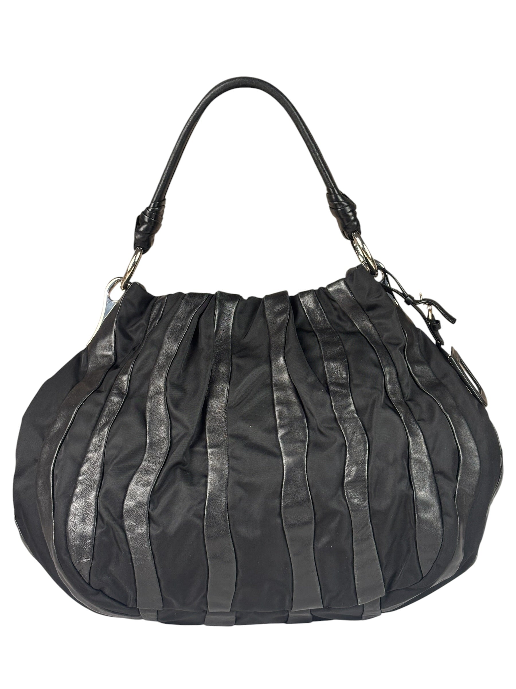 Prada Black Tessuto Nylon/Leather Trim Waves Hobo Bag
