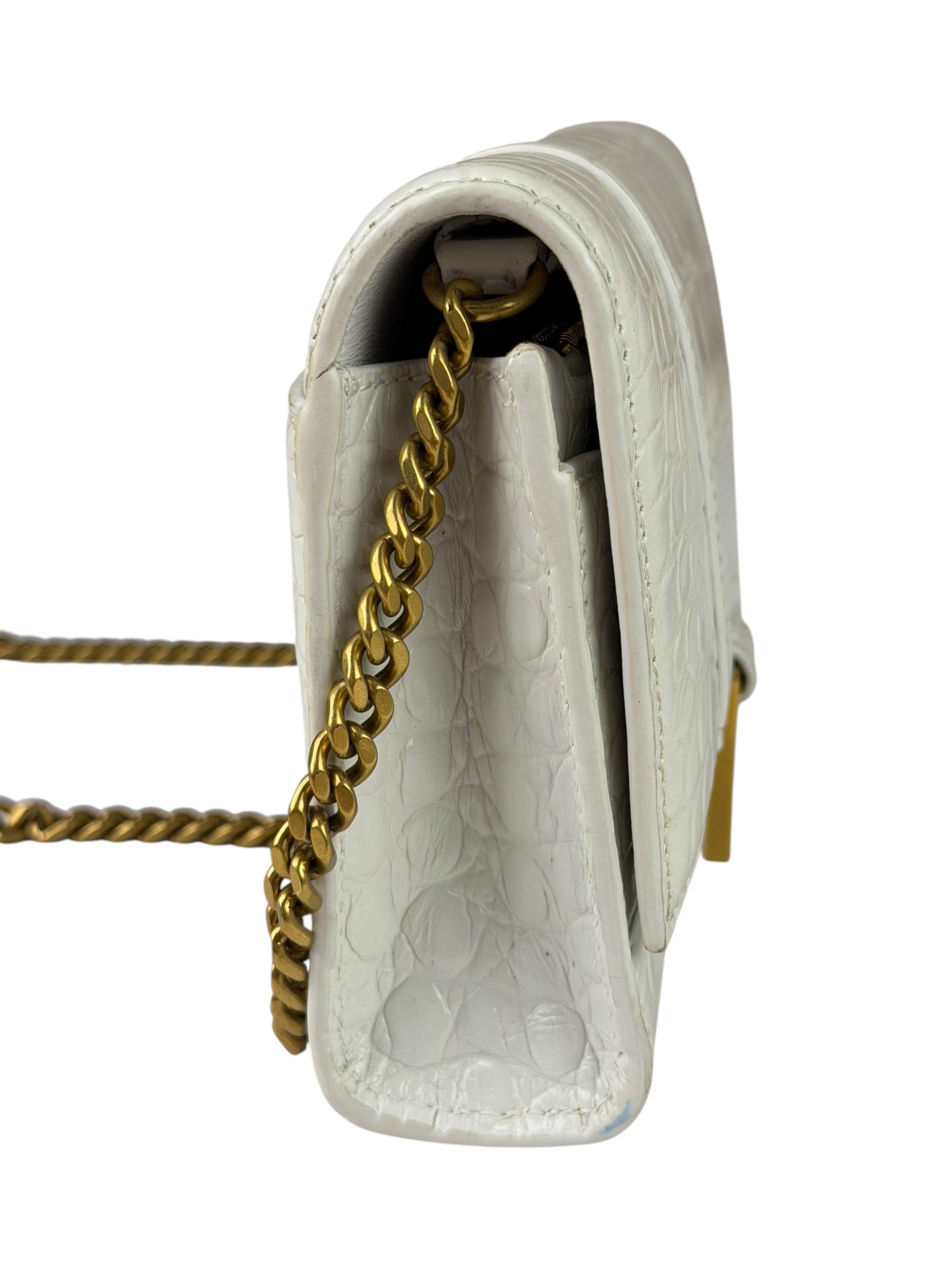 Balenciaga White Crocodile Embossed Hourglass Wallet On Chain