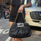 Fendi Black Leather Mia Chain Hobo Bag