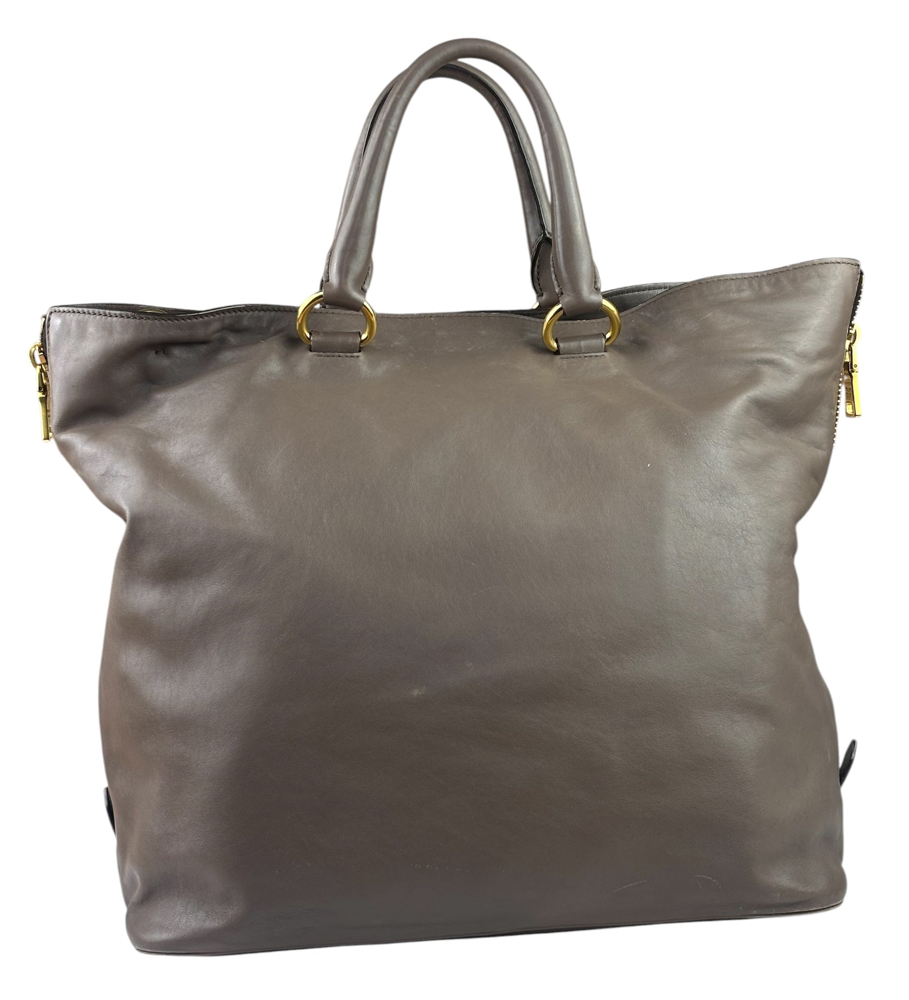 Prada Neutral Taupe Vitello Daino Leather Side Zip Large Shopper Tote