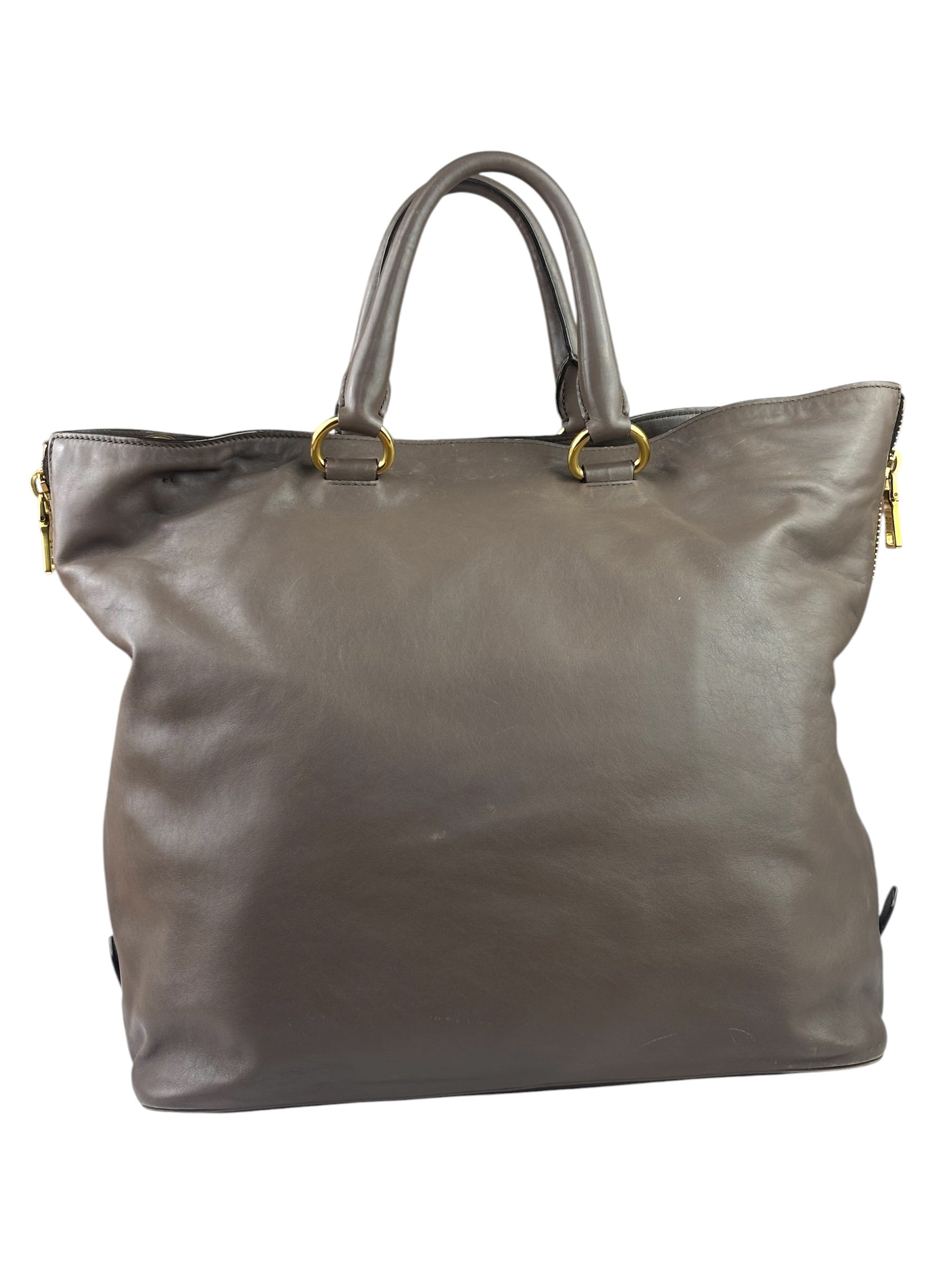 Prada Neutral Taupe Vitello Daino Leather Side Zip Large Shopper Tote