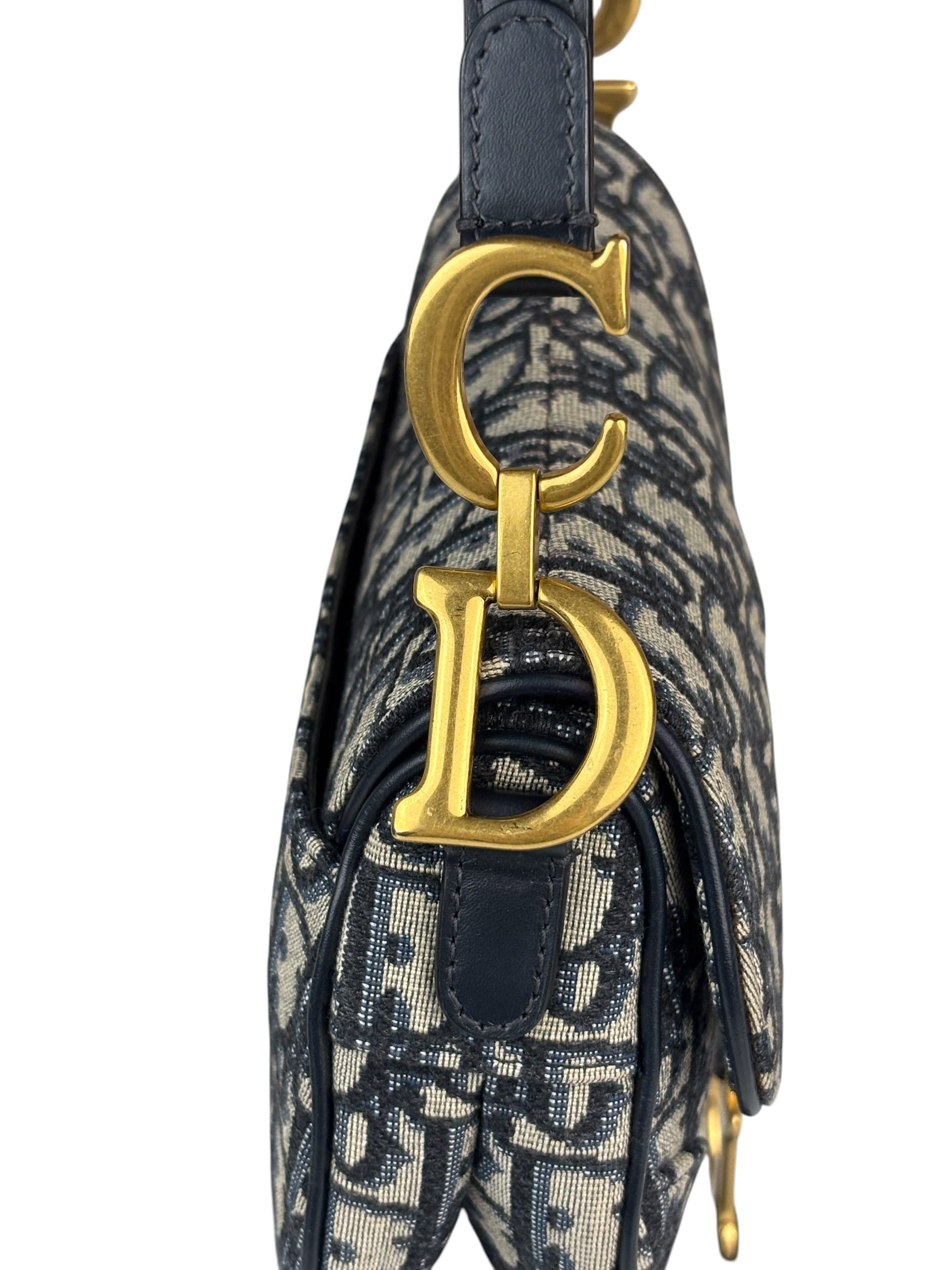 Christian Dior Navy Leather Trim Oblique Saddle Handbag