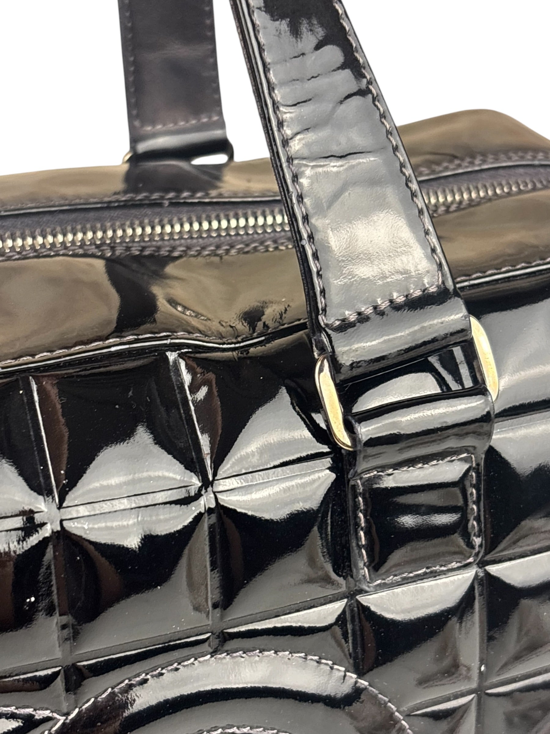 Chanel Black Leather Patent Chocolate Bar Bowler Hand Bag