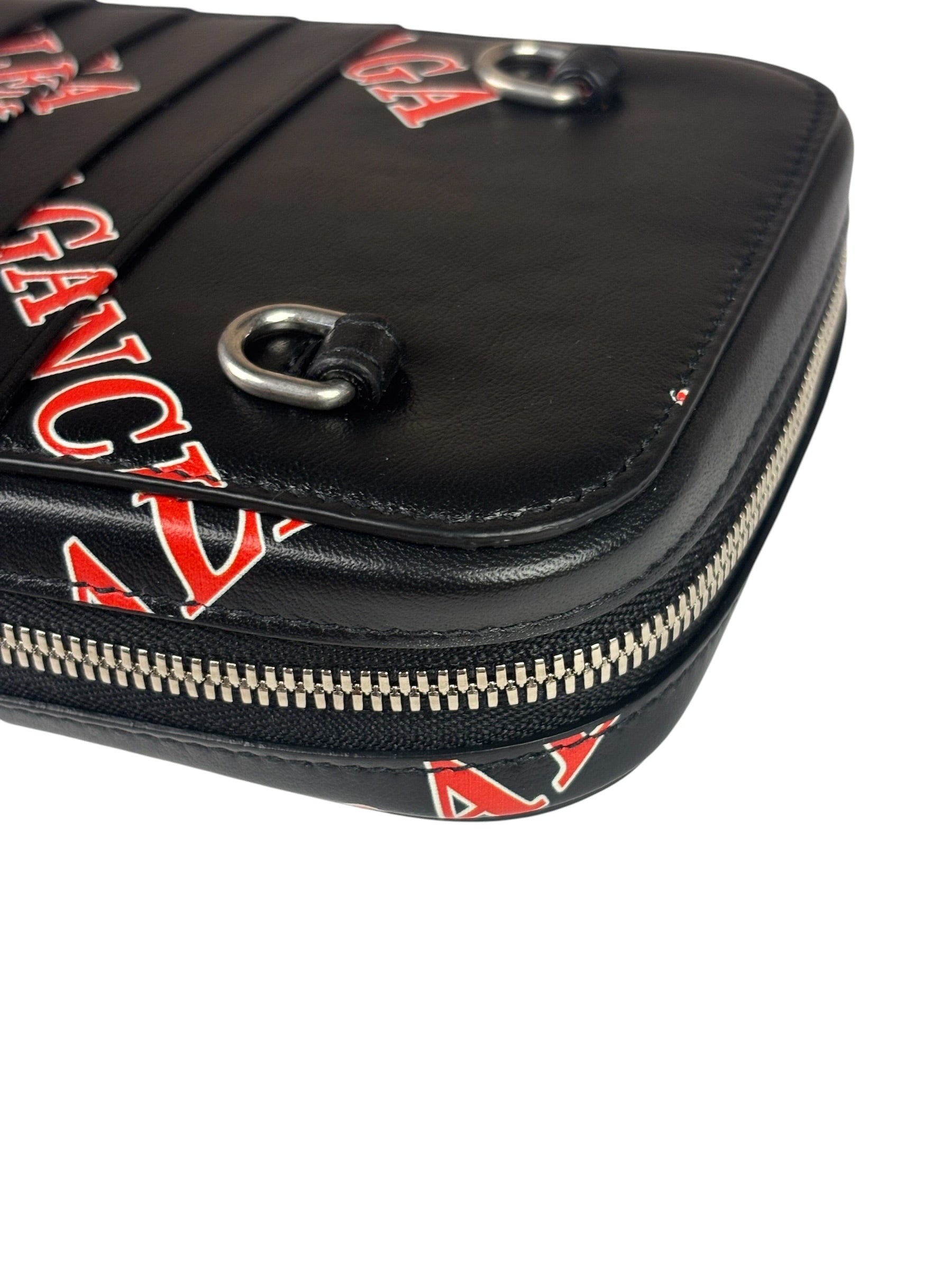 Balenciaga Black Leather Logo Print Phone/Card Holder