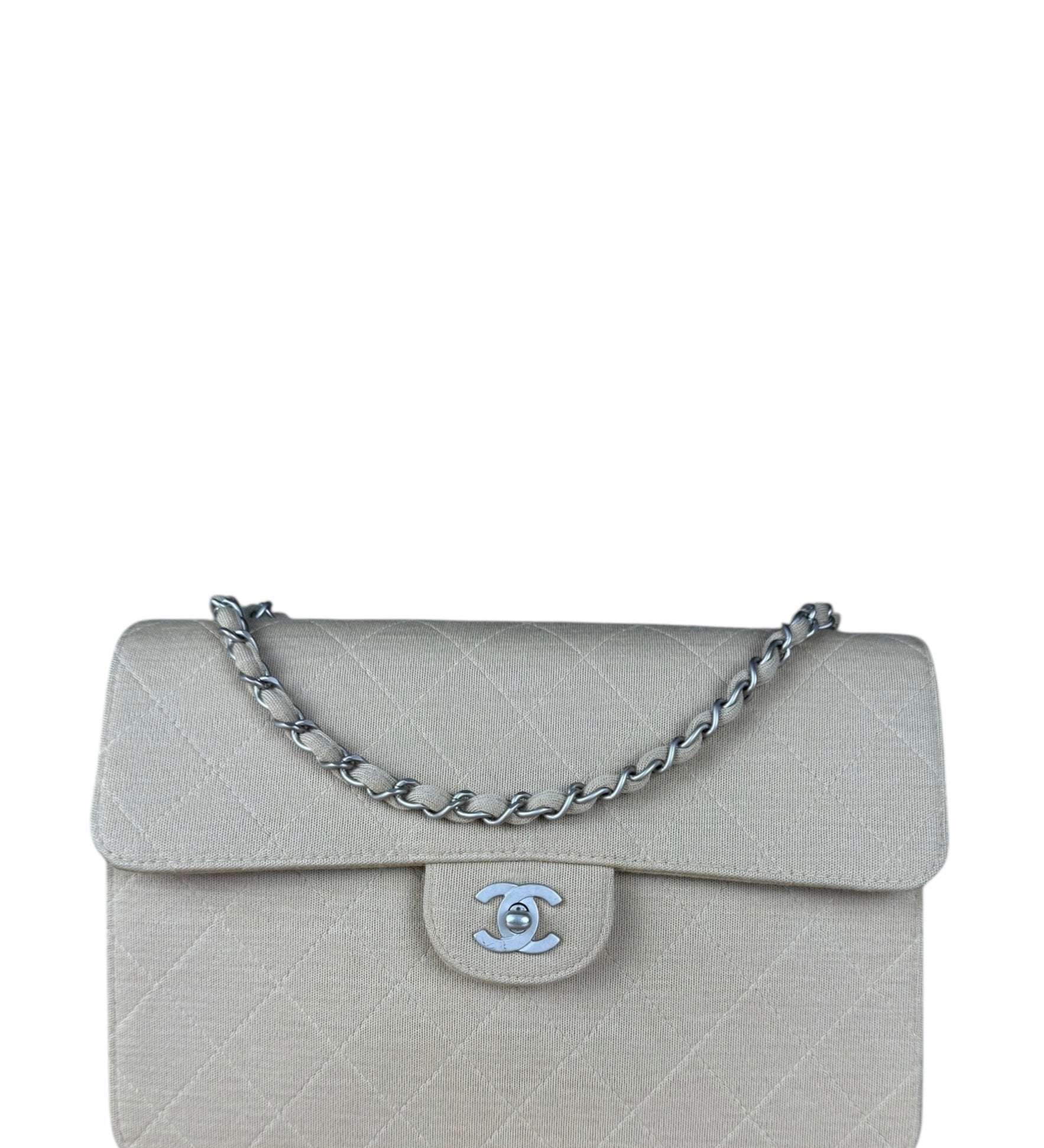 Chanel Beige Quilted Canvas Chain Flap Bag 1998