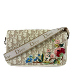 Christian Dior Beige Leather Trim Trotter Floral Embroidered Flap Bag