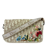 Christian Dior Beige Leather Trim Trotter Floral Embroidered Flap Bag