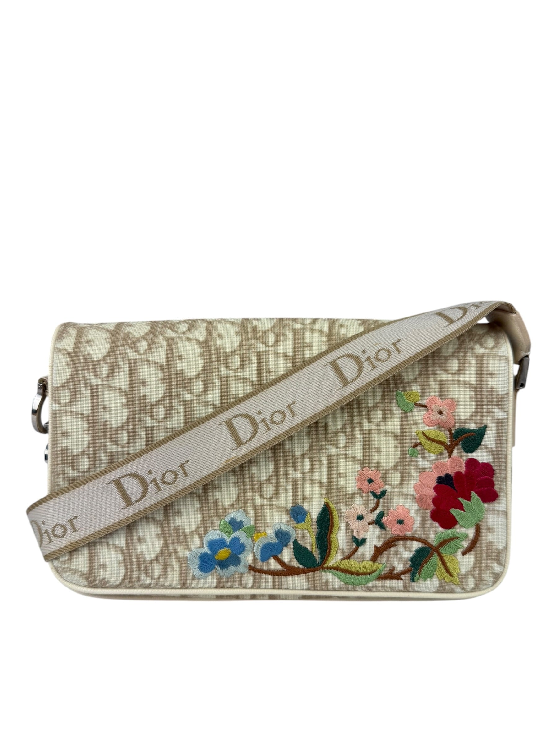 Christian Dior Beige Leather Trim Trotter Floral Embroidered Flap Bag