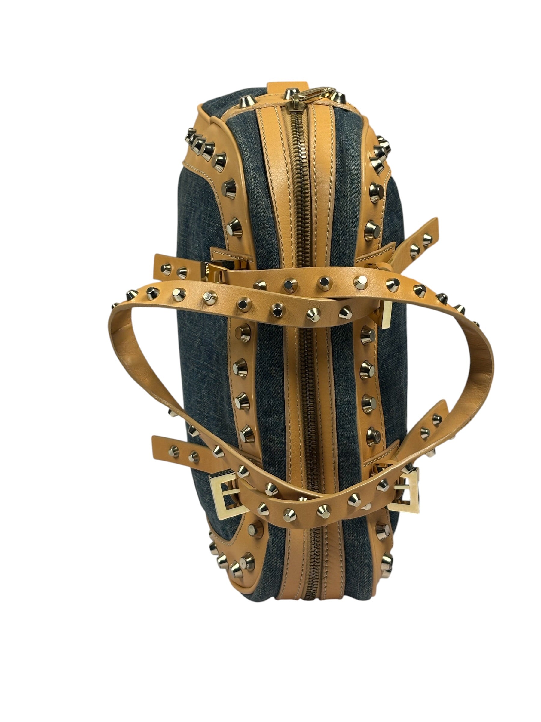 Fendi Blue/Brown Denim/Leather Trim Studded Shoulder Bag