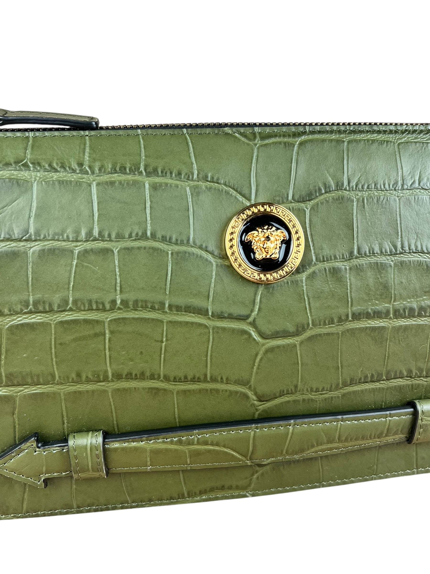 Versace Green Croc-Embossed Medusa Leather Clutch