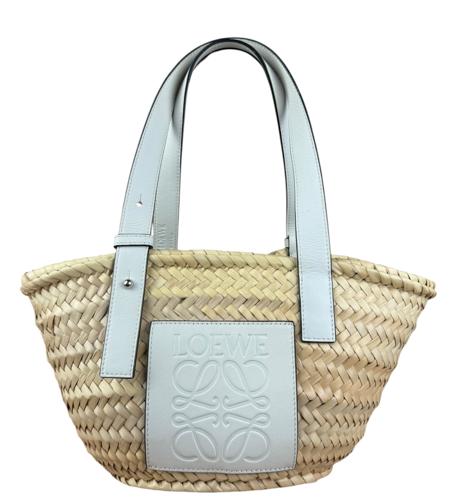 Loewe White Leather Raffia Basket Bag