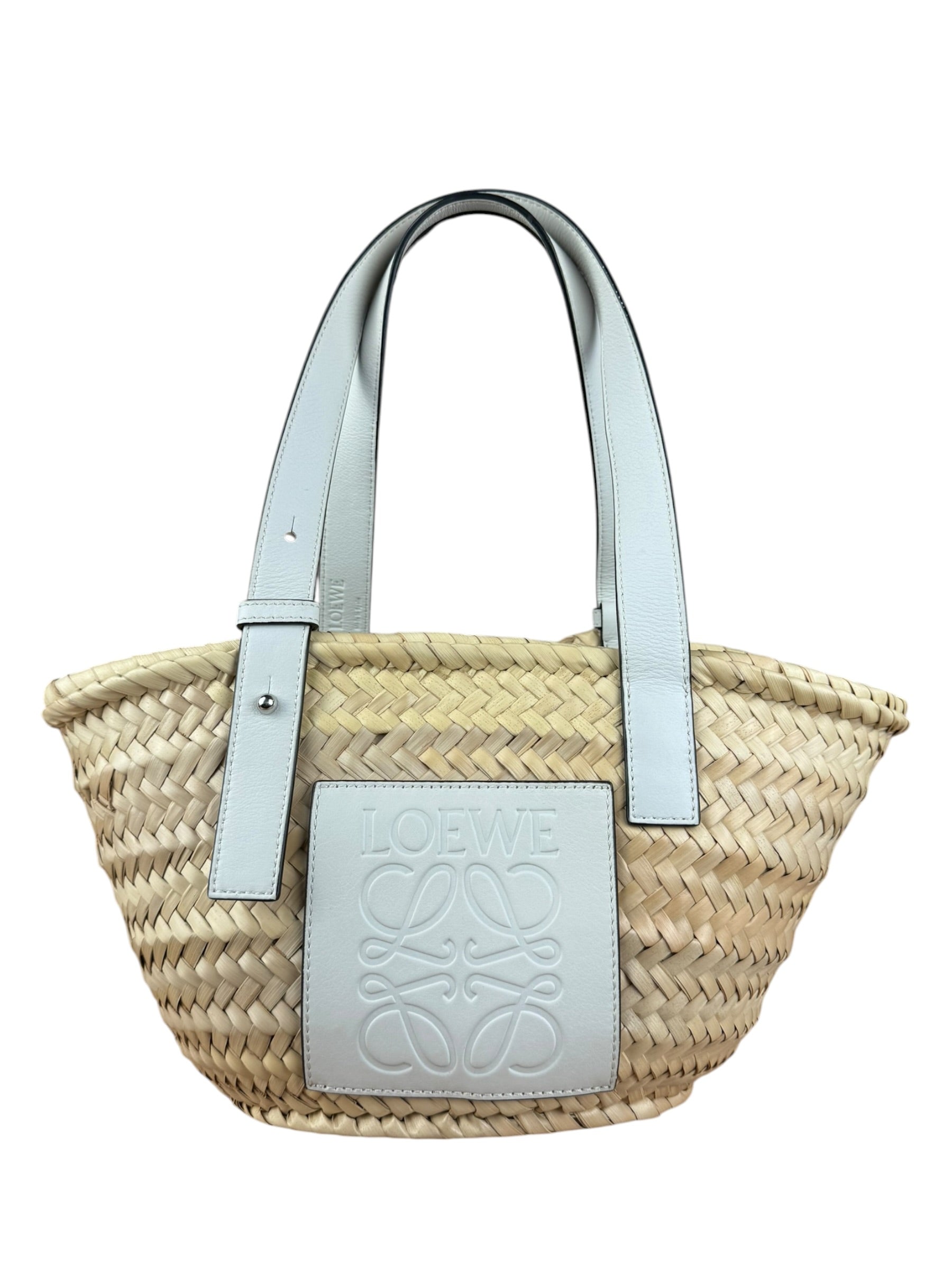 Loewe White Leather Raffia Basket Bag