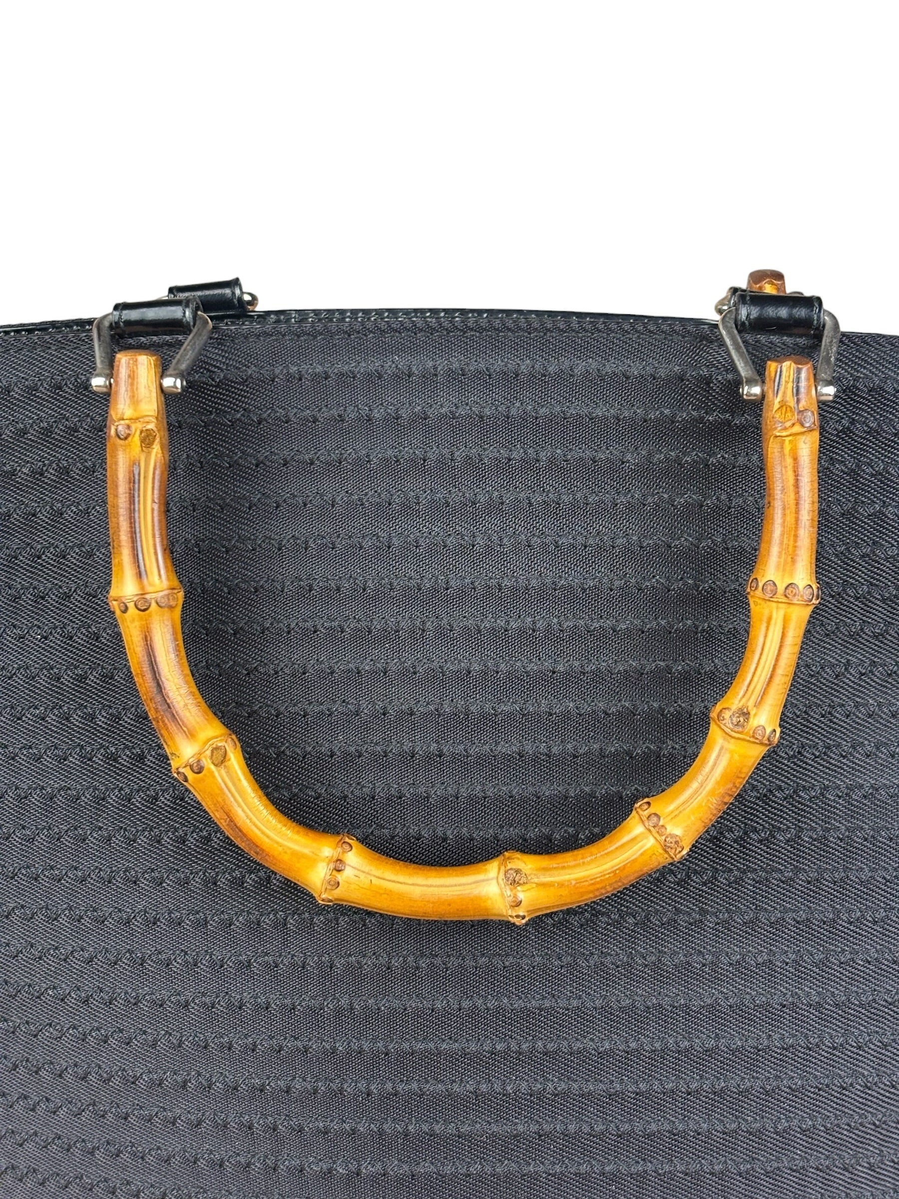 Gucci Vintage Black Ribbed Bamboo Top Handle Bag