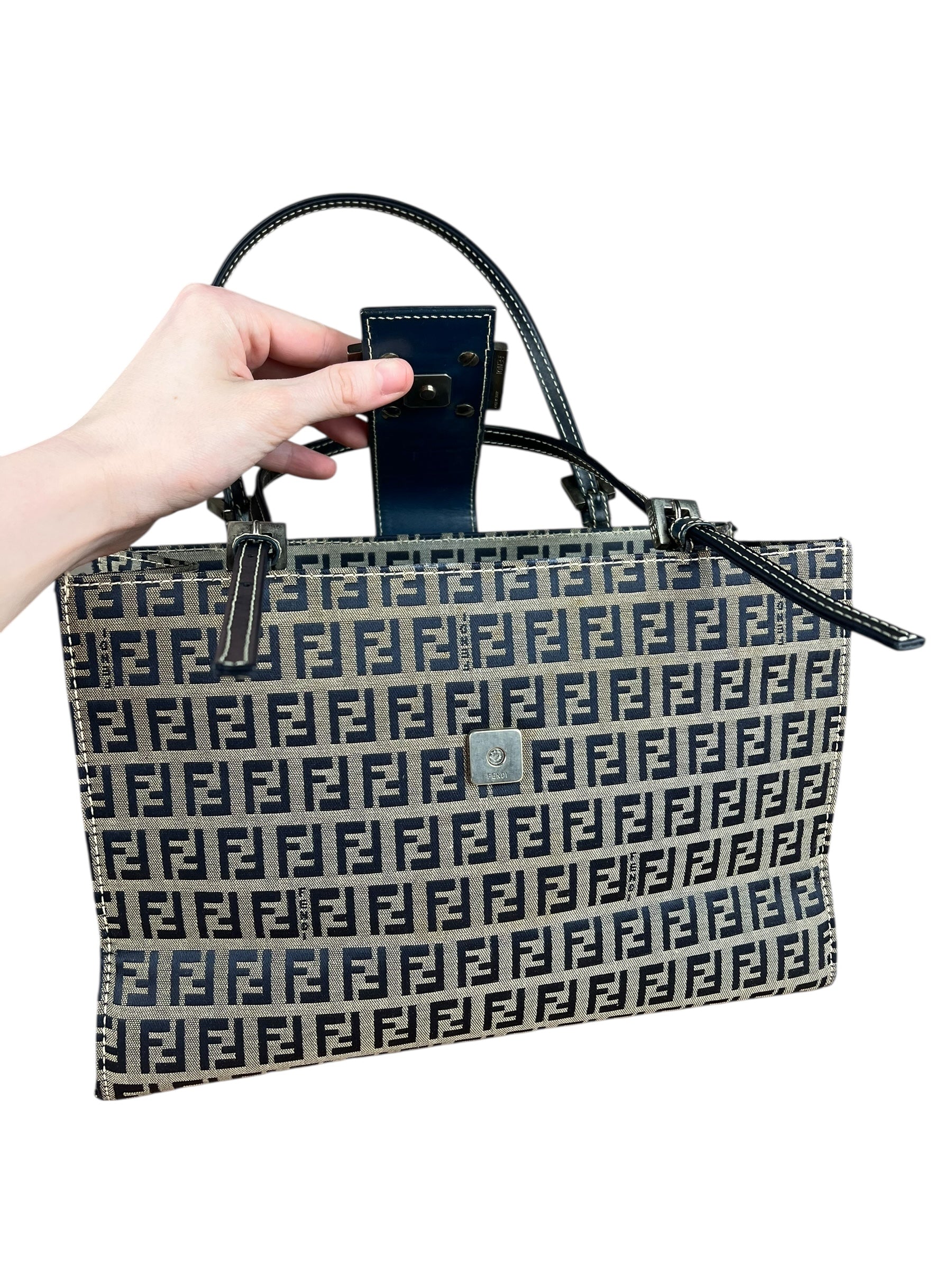 Fendi FF Buckle Navy Zucca Tote Handbag