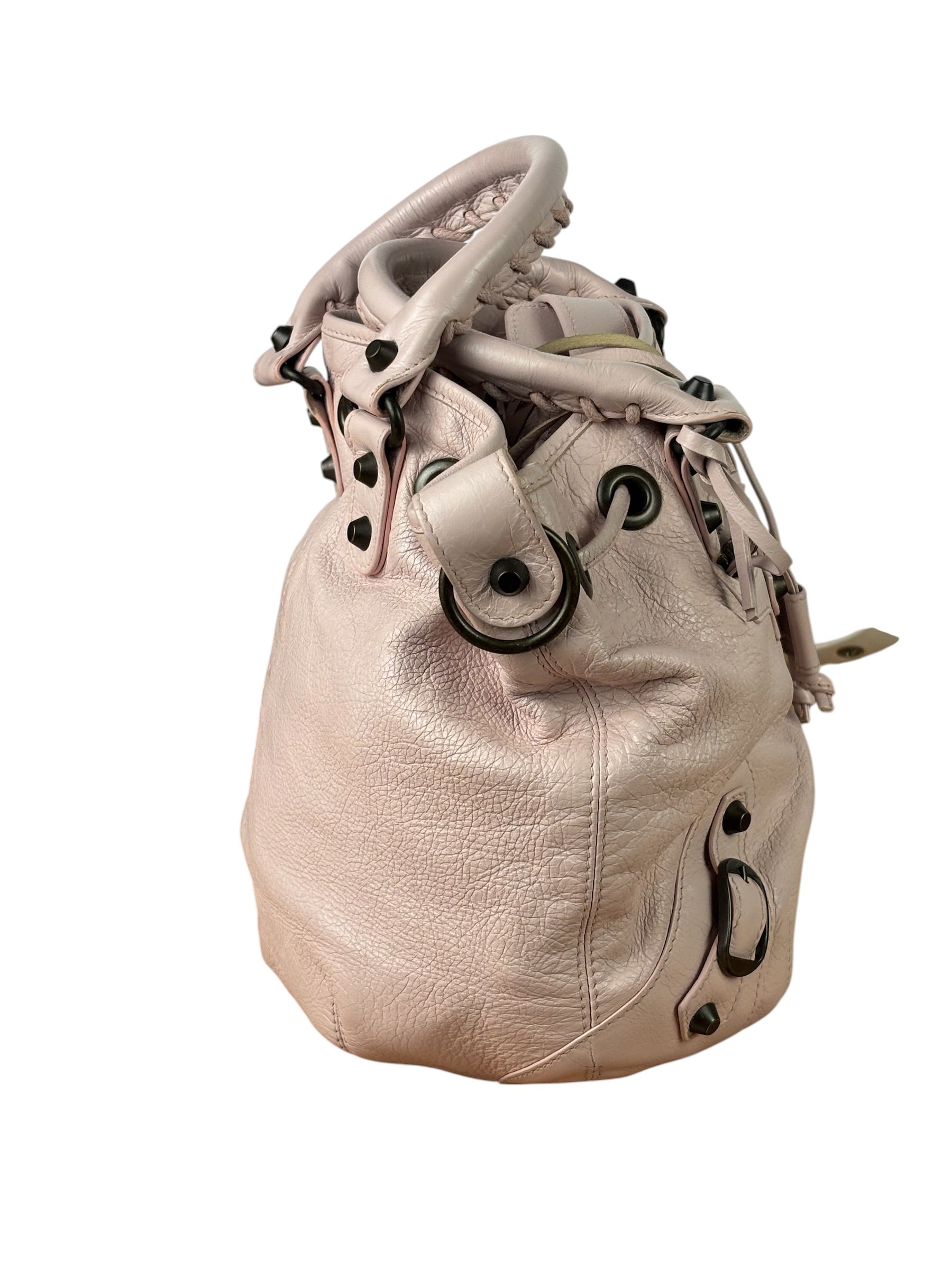 Balenciaga Baby Pink Leather Pompon Moto City 2Way Bucket Bag