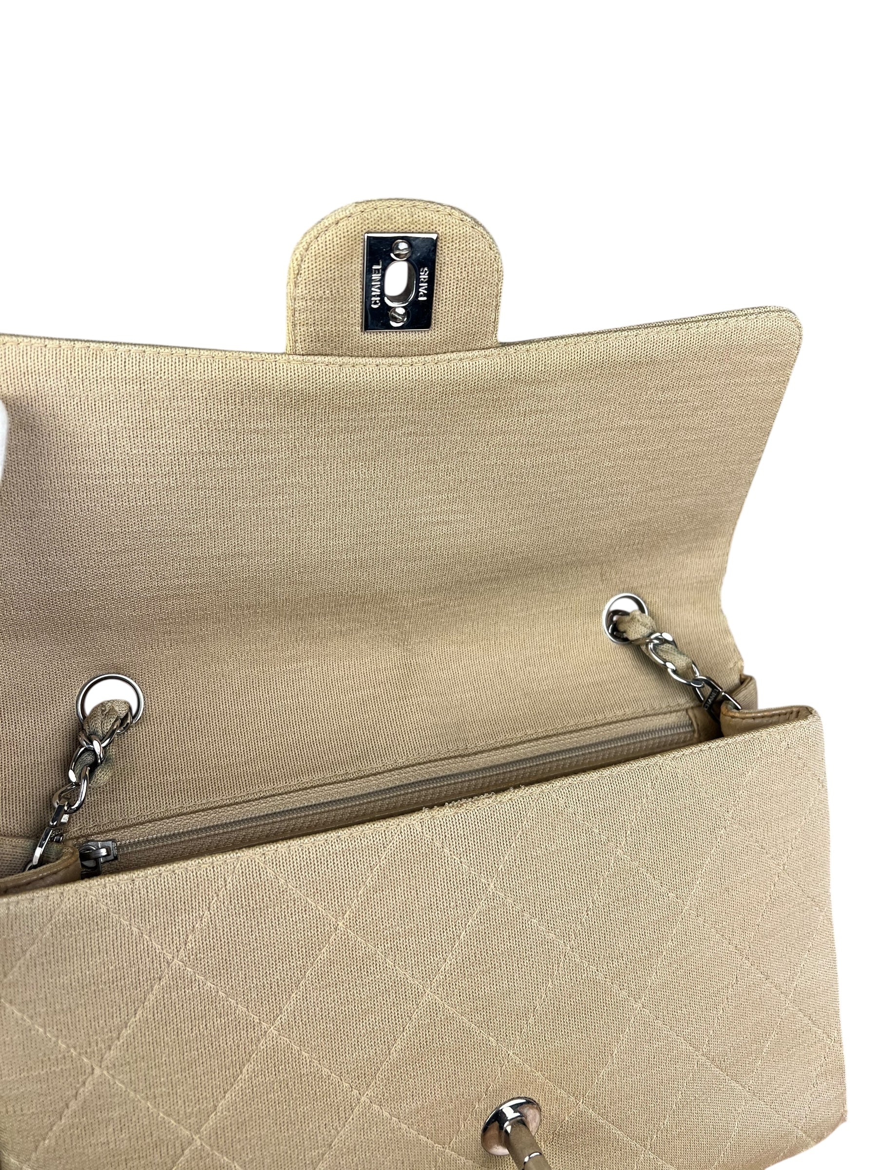 Chanel Vintage Beige Jersey Quilted Classic Flap Bag