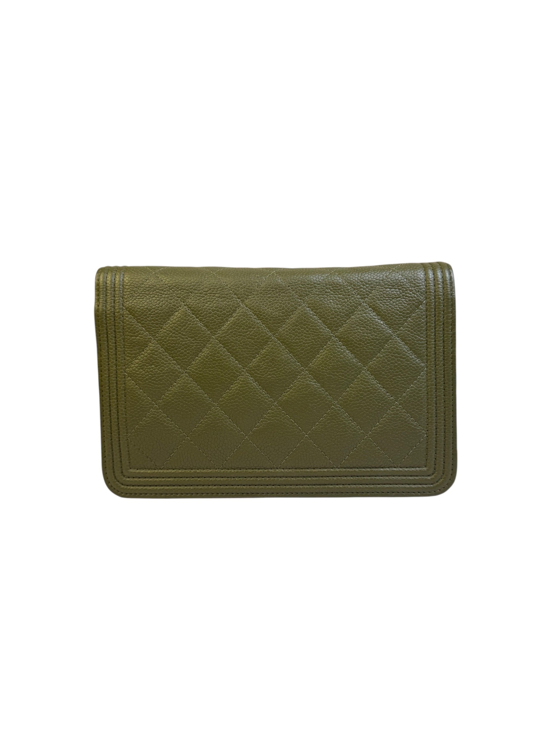 Chanel Olive Green Quilted Caviar Boy Flap Wallet On Chain 2017