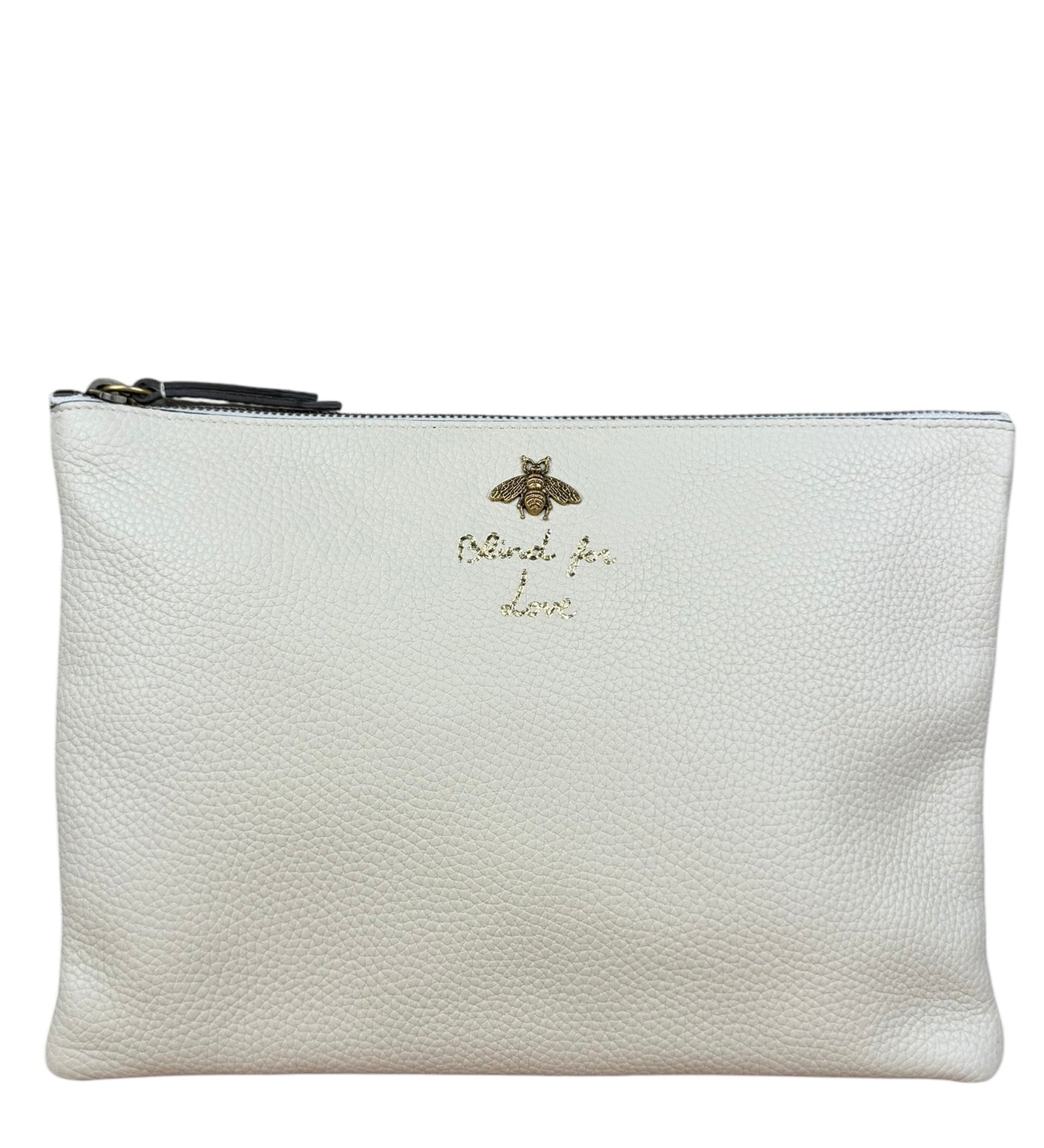 Gucci Ivory Pebbled Leather Bee Zip Clutch Pouch