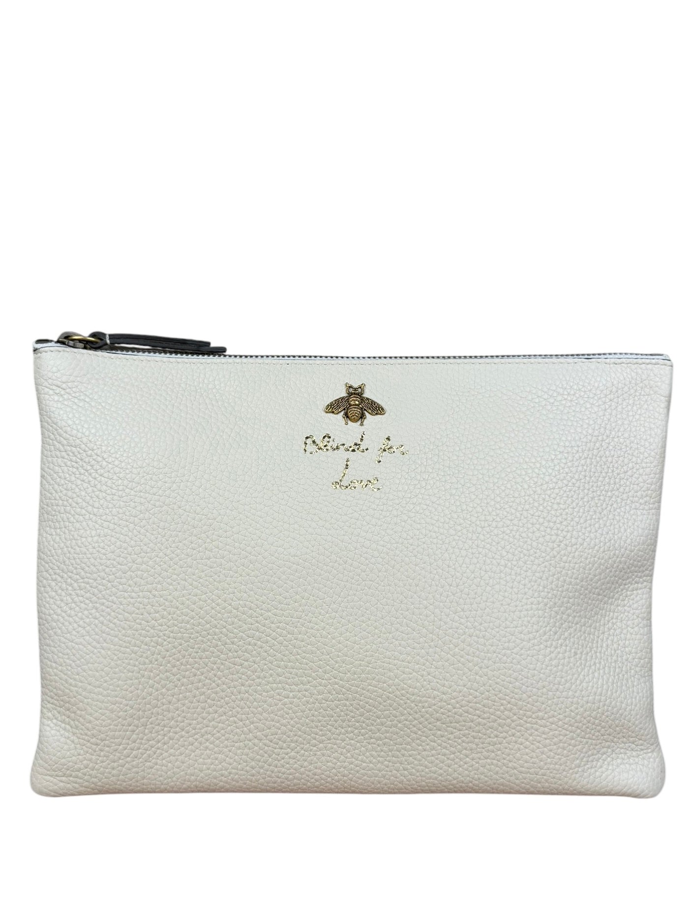 Gucci Ivory Pebbled Leather Bee Zip Clutch Pouch