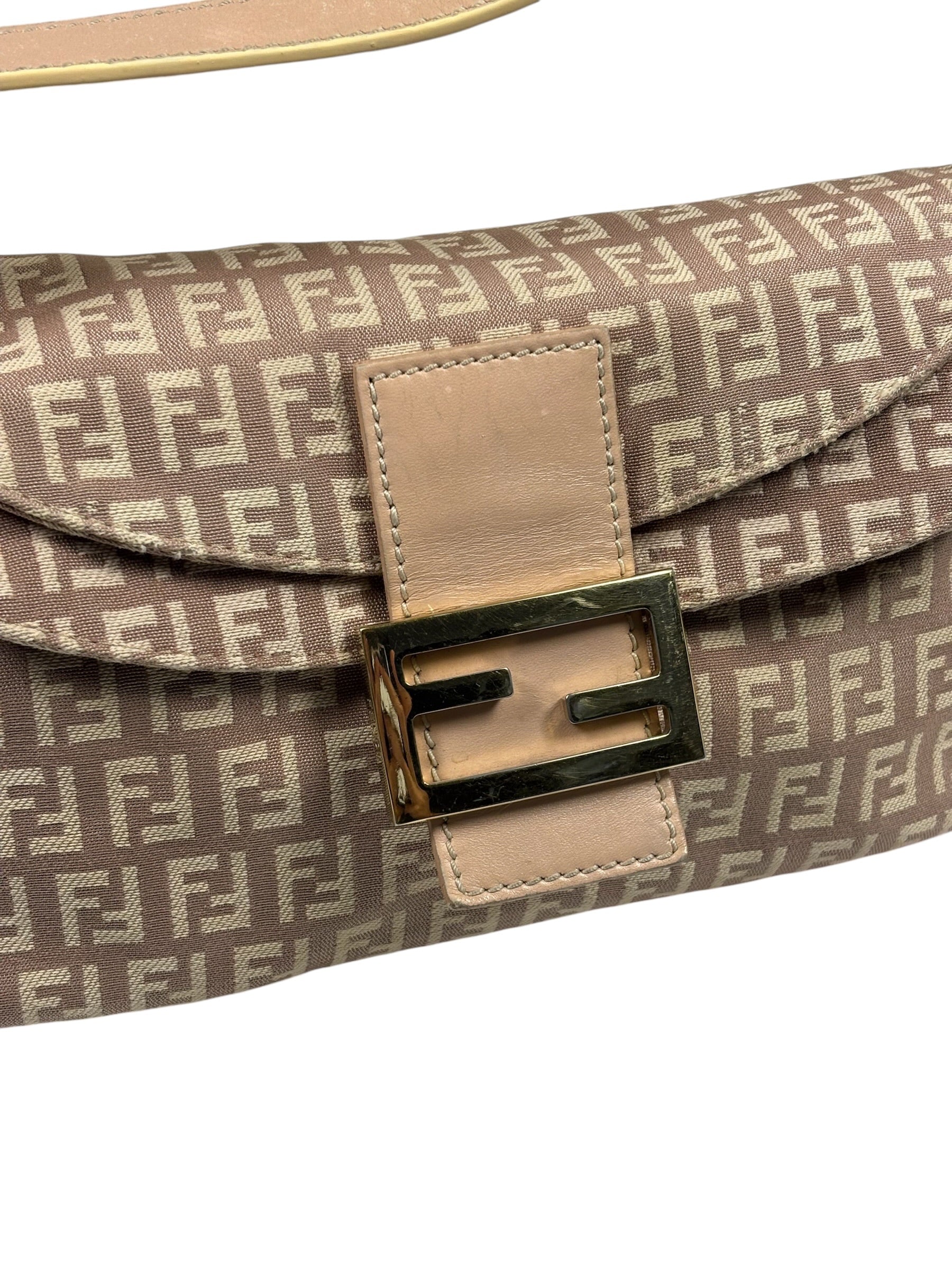 Fendi Rose Beige  Leather Trim Zucca Baguette