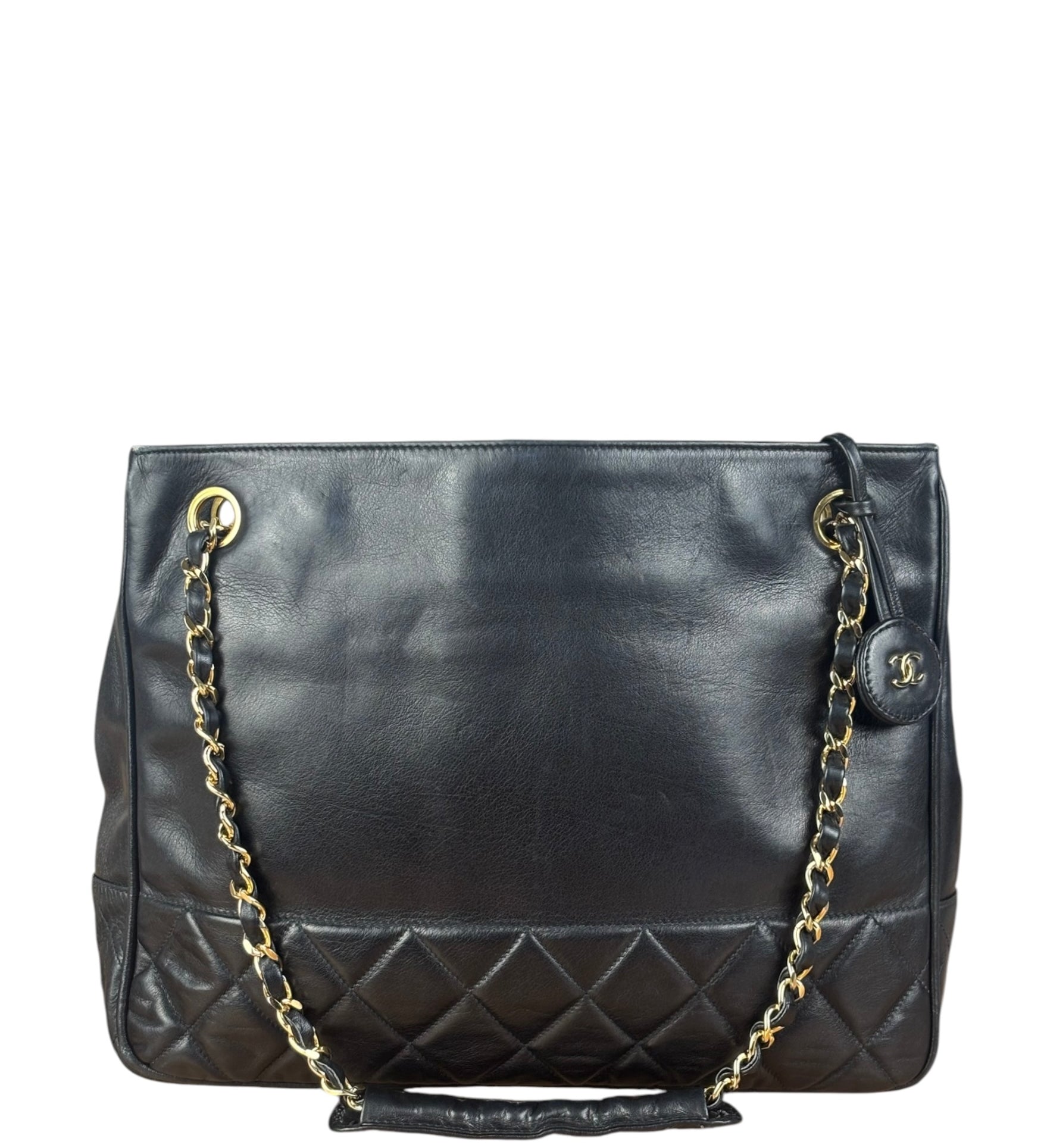 Chanel Vintage Black Leather Quilted Bottom Chain Tote Bag 1987