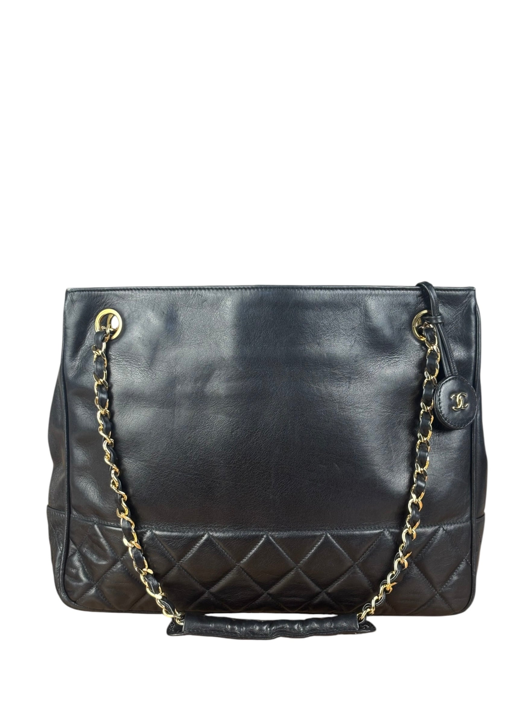 Chanel Vintage Black Leather Quilted Bottom Chain Tote Bag 1987