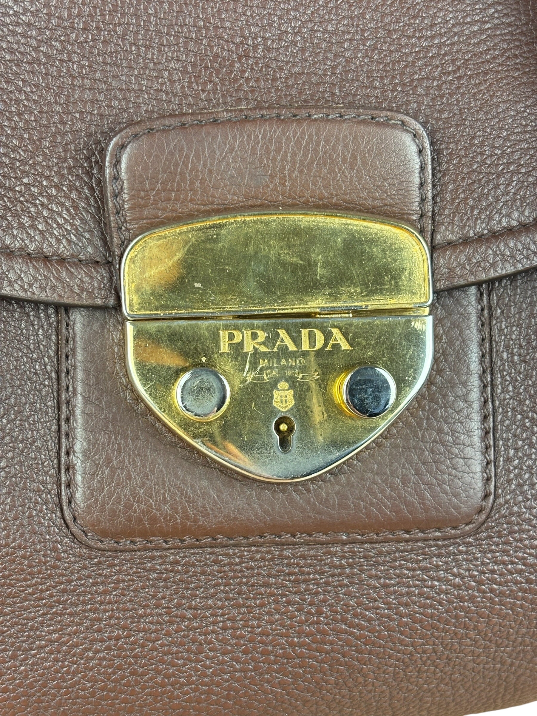 Prada Rich Brown Vitello Daino Sound Lock Satchel Shoulder Bag