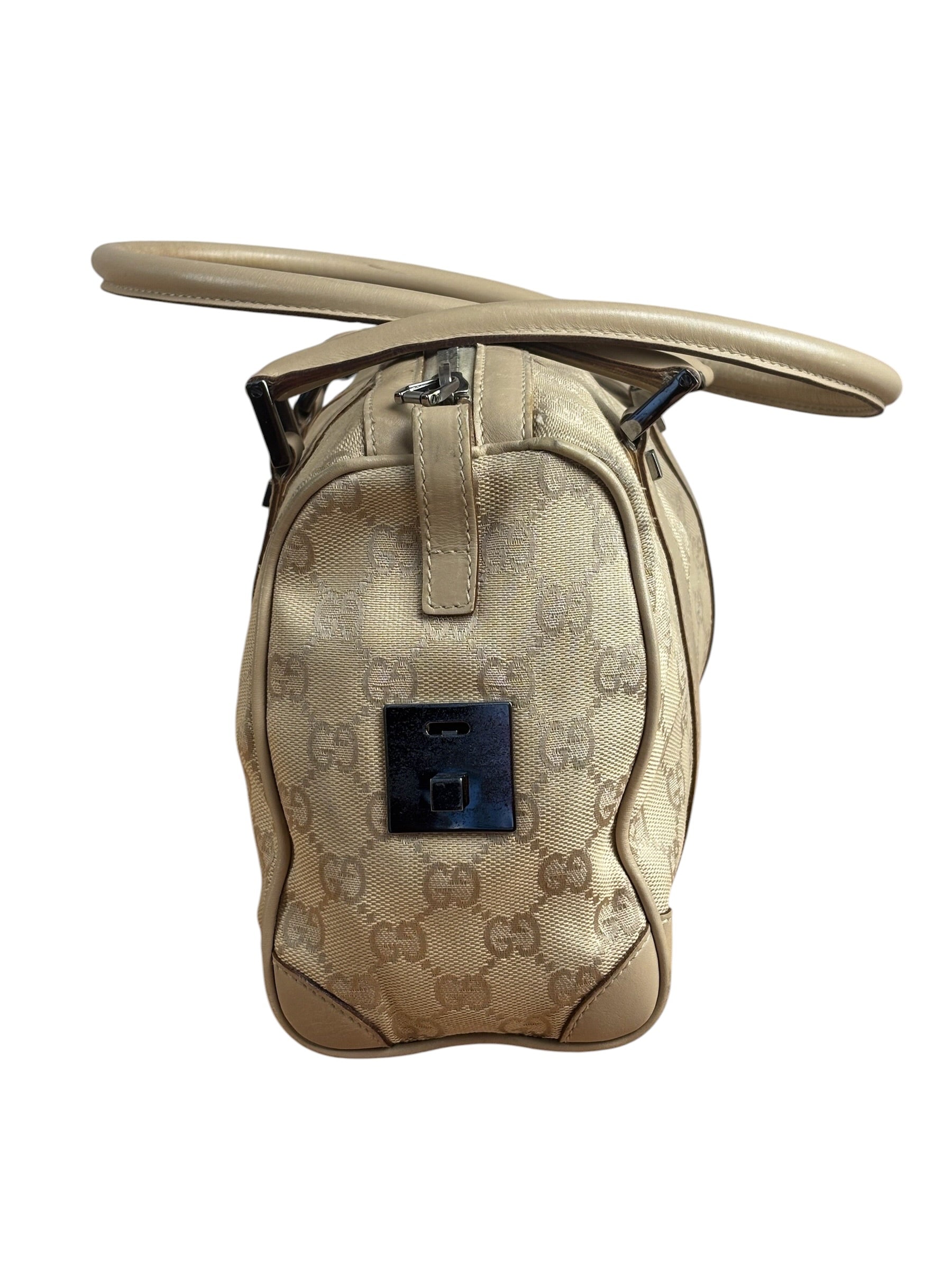 Gucci GG Beige Leather Trim Guccissima Small Boston Bag