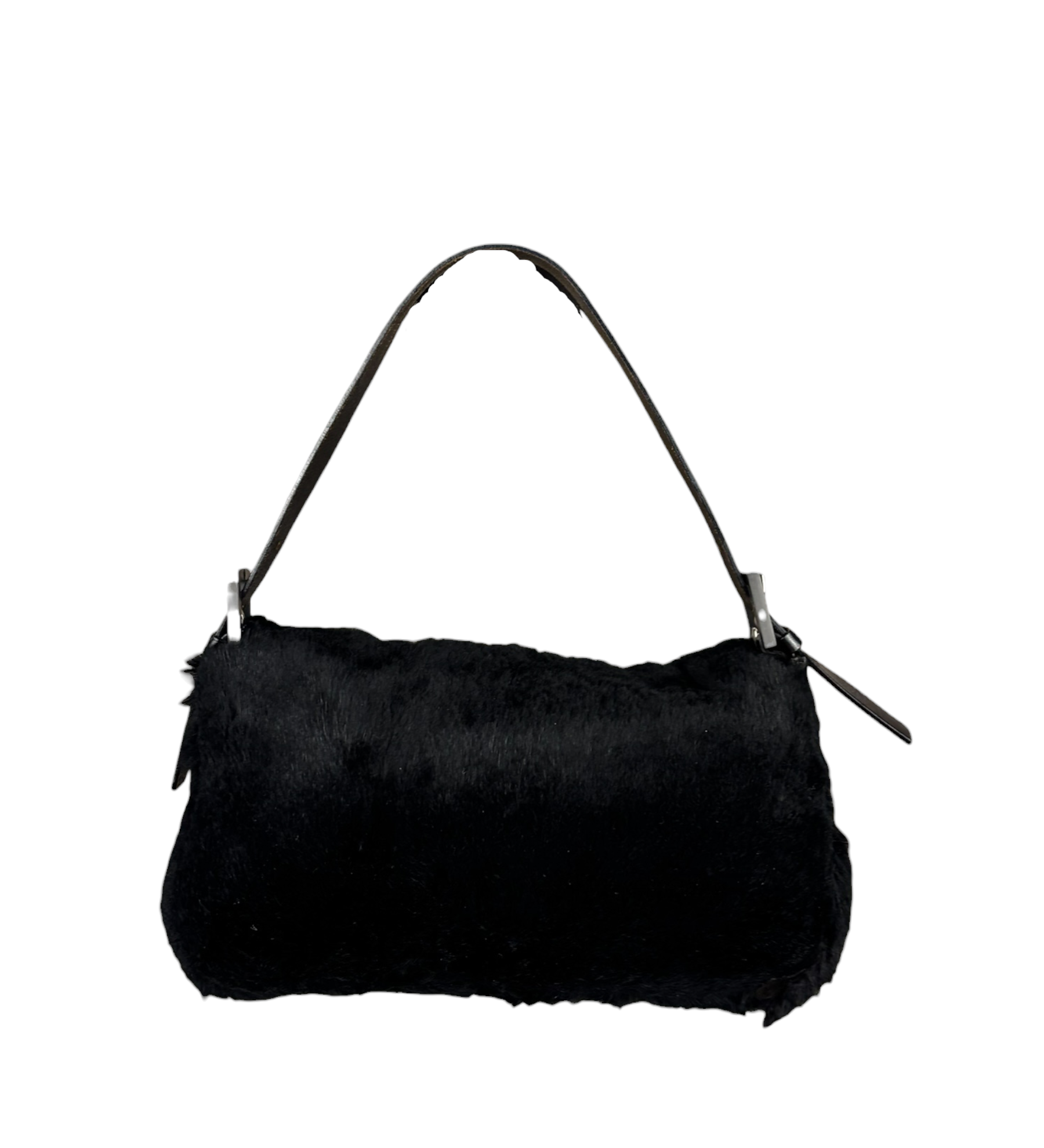 Fendi Black Leather Trim Plush Rabbit Fur Baguette