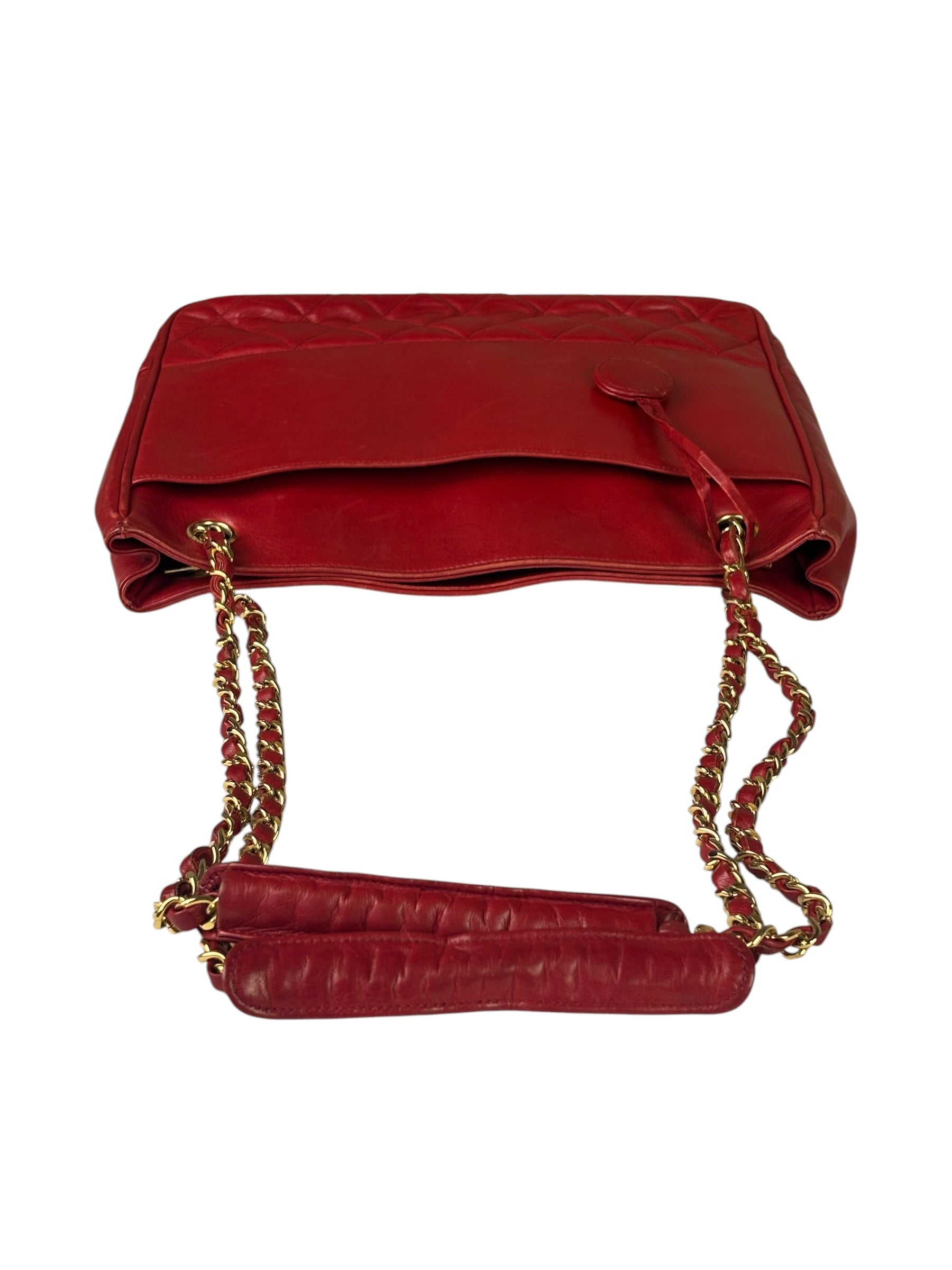 Chanel Red Quilted Lambskin Chain Tote Bag 1990