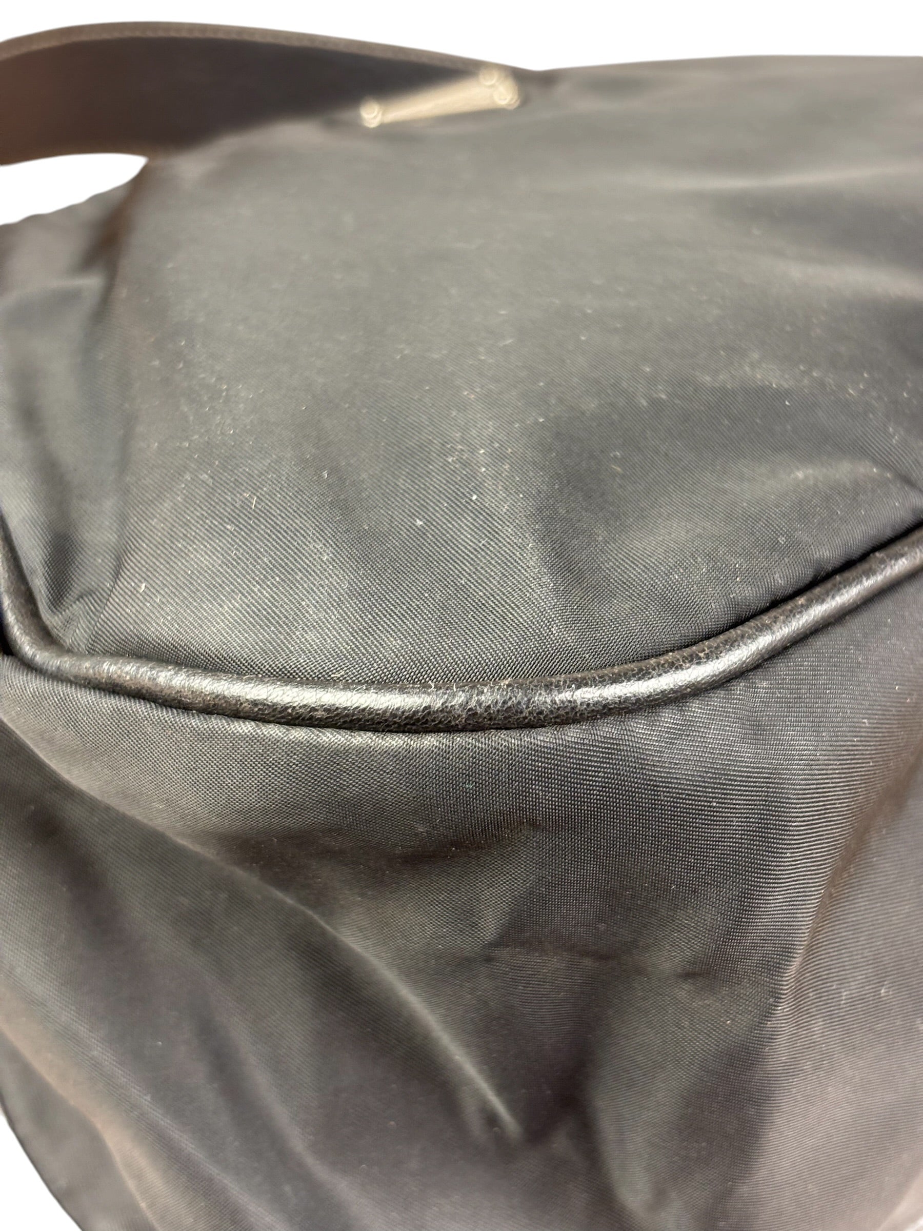 Damaged Prada Vintage Black Tessuto Nylon Leather Trim Saddle Flap Shoulder Bag