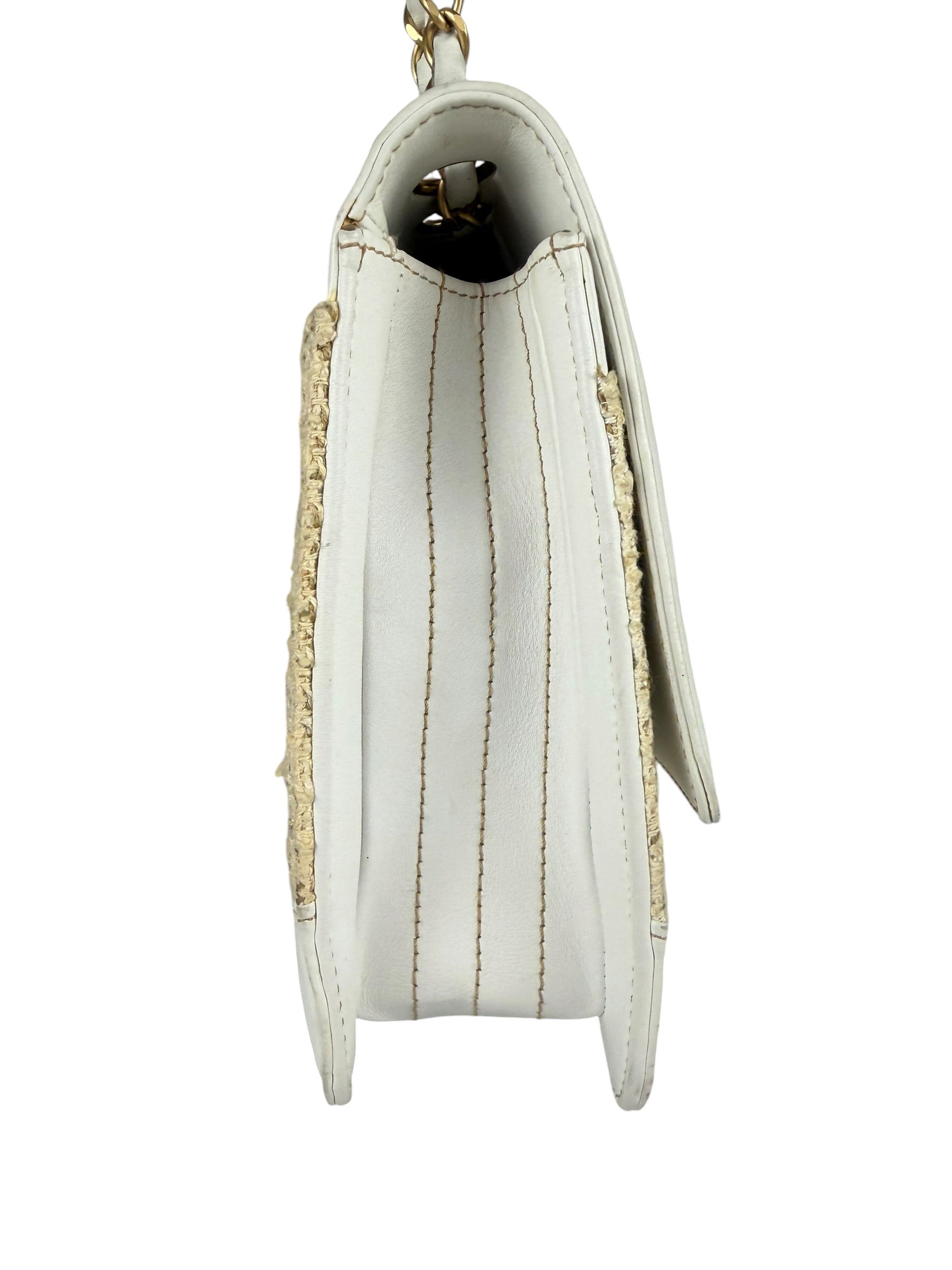 Chanel White Leather Trim Tweed Shoulder Bag 2001