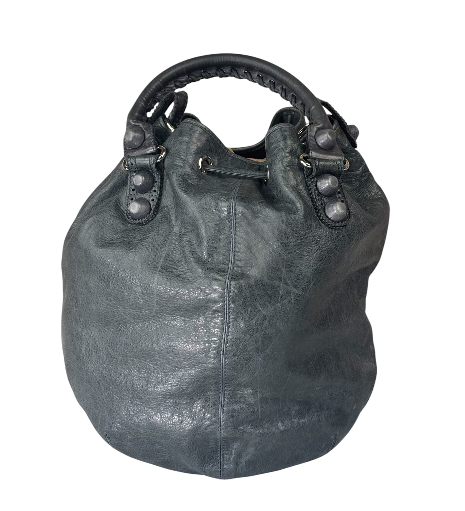 Balenciaga Grey Lambskin Giant Brogues Pompom Two-Way Bag