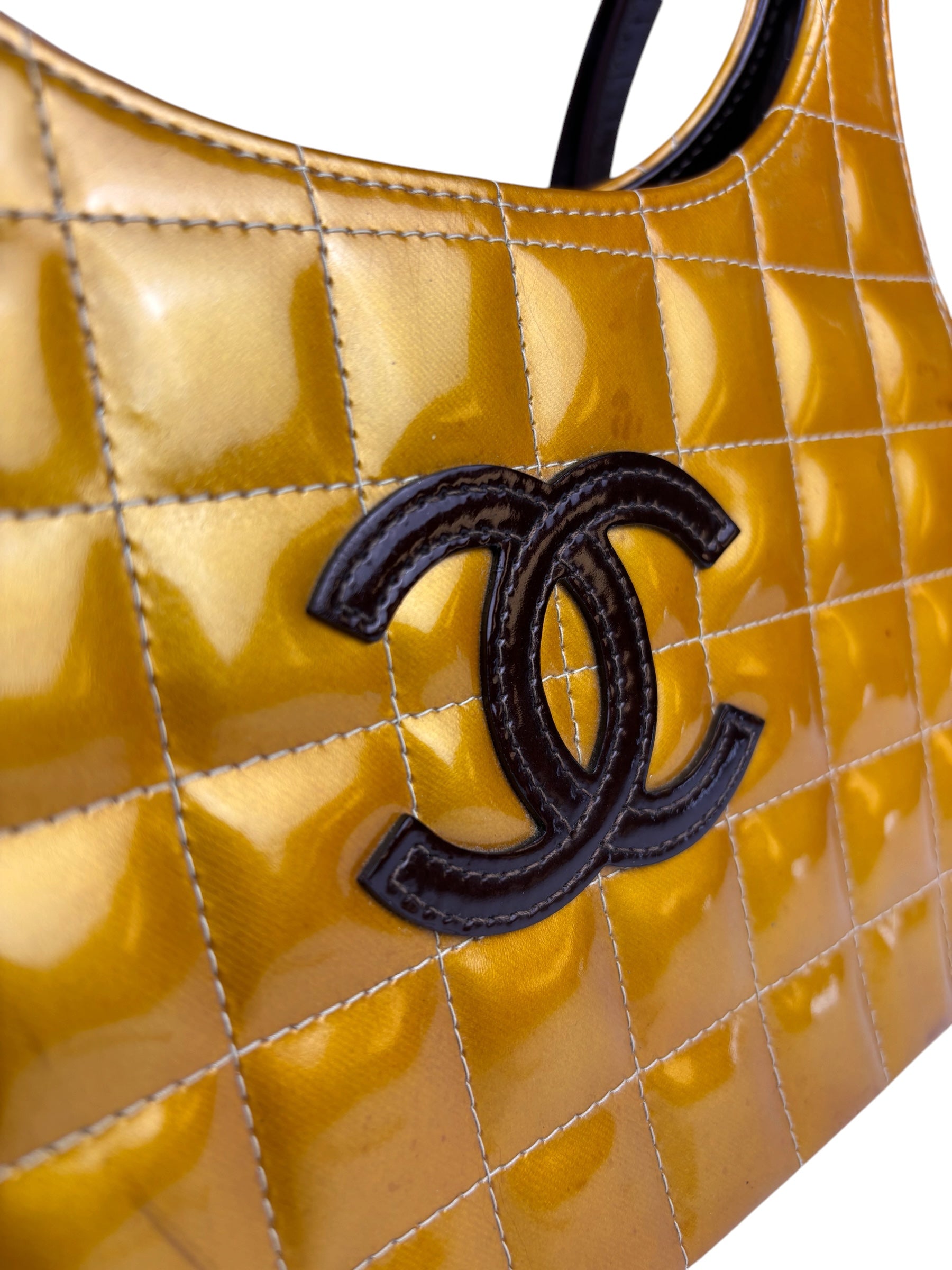 Chanel Mustard Yellow Patent Leather Chocolate Bar Hobo Bag 2002