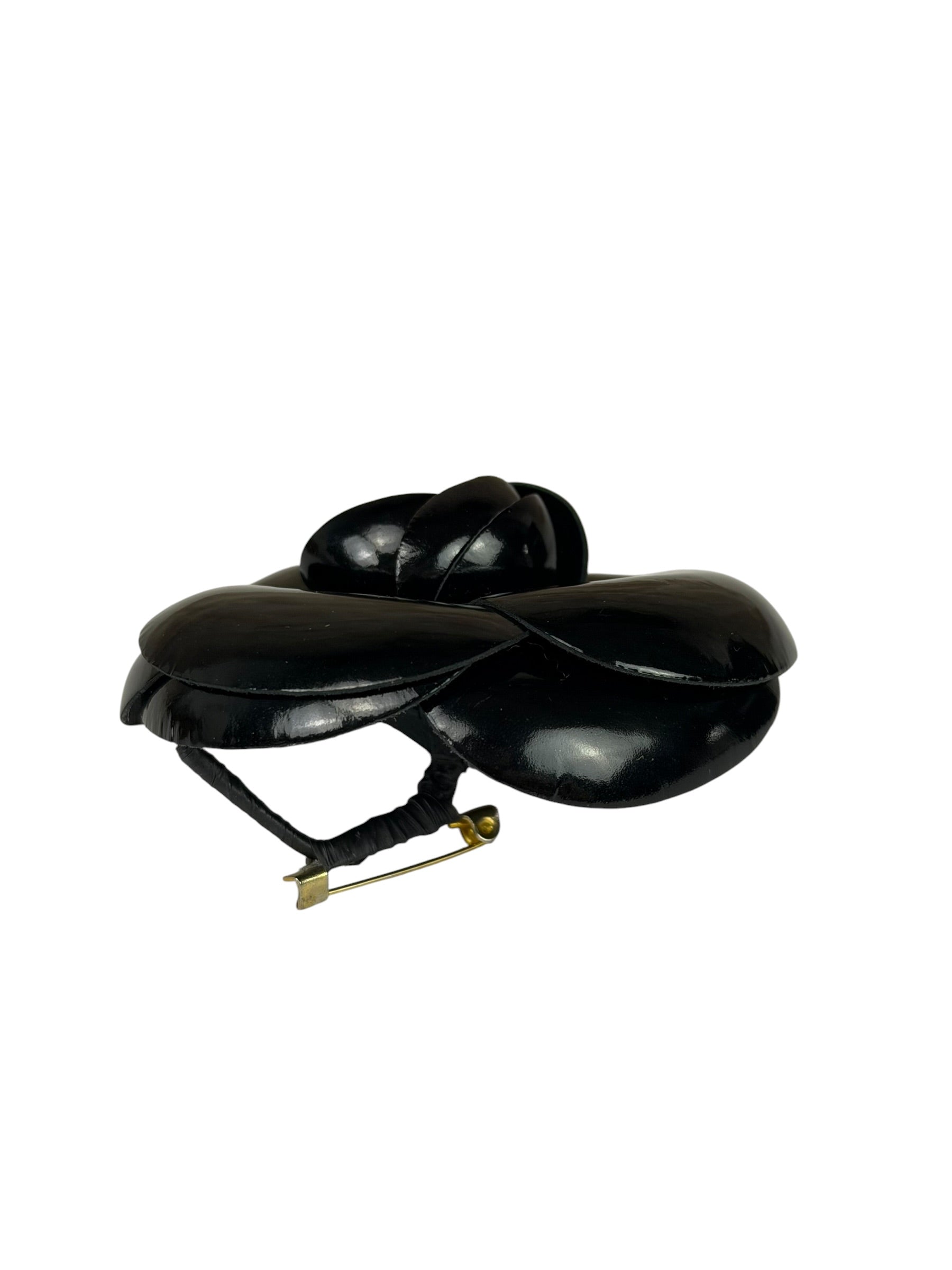 Chanel Vintage Black Leather Camellia Flower Brooch