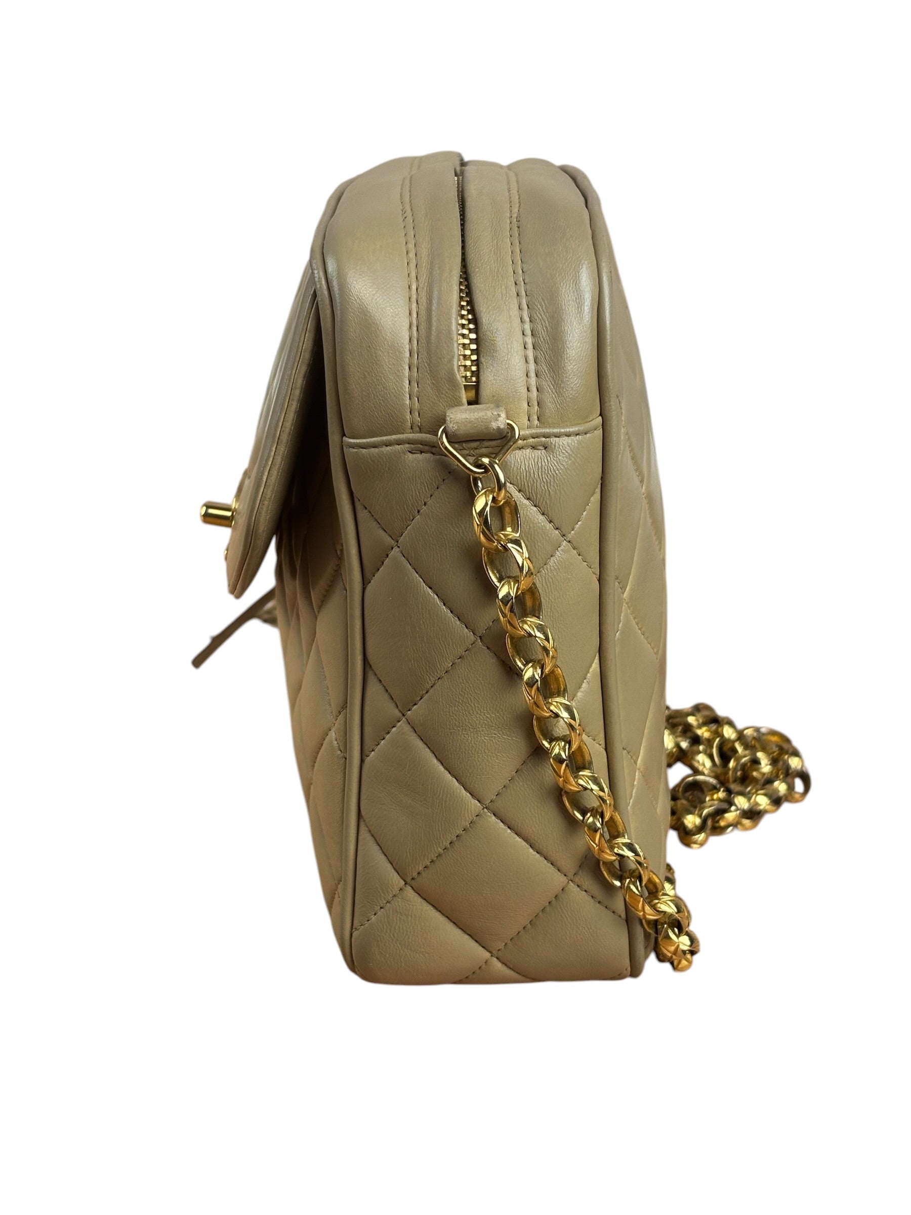Chanel Tan Brown Quilted Leather Flap Chain Camera Bag