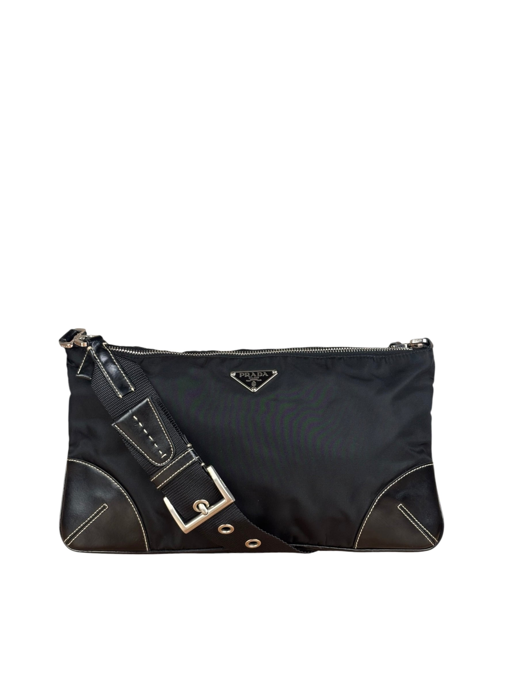 Prada Black Tessuto Nylon Leather Trim Shoulder Bag
