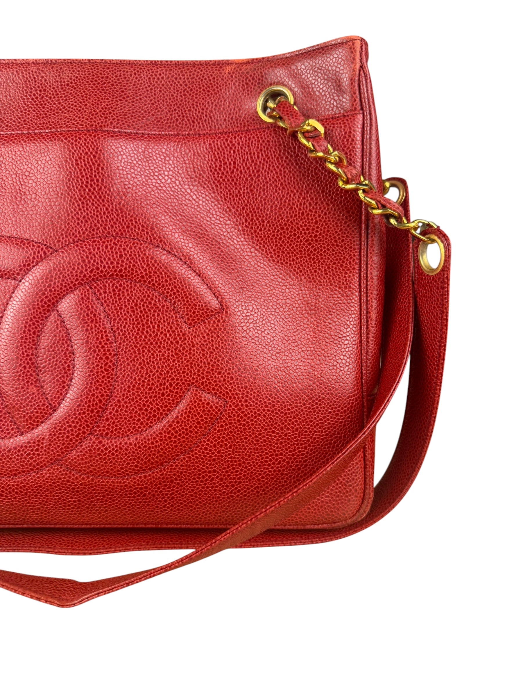 Chanel Red Caviar Leather CC Logo Tote Bag