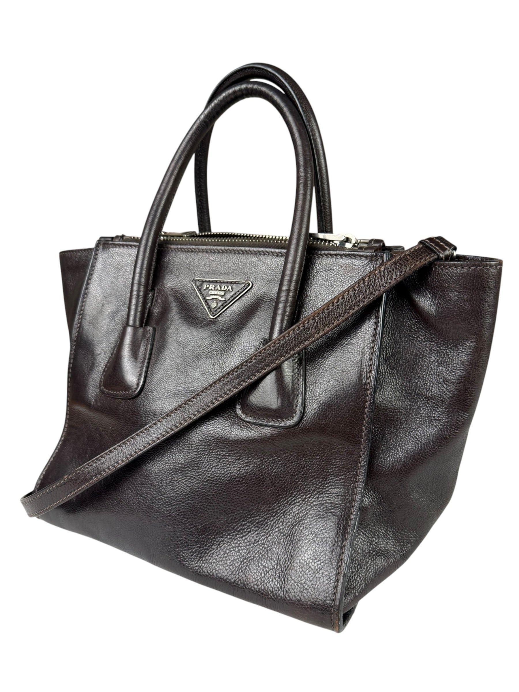 Prada Dark Brown Calf Leather Glace Twin-Pocket Tote