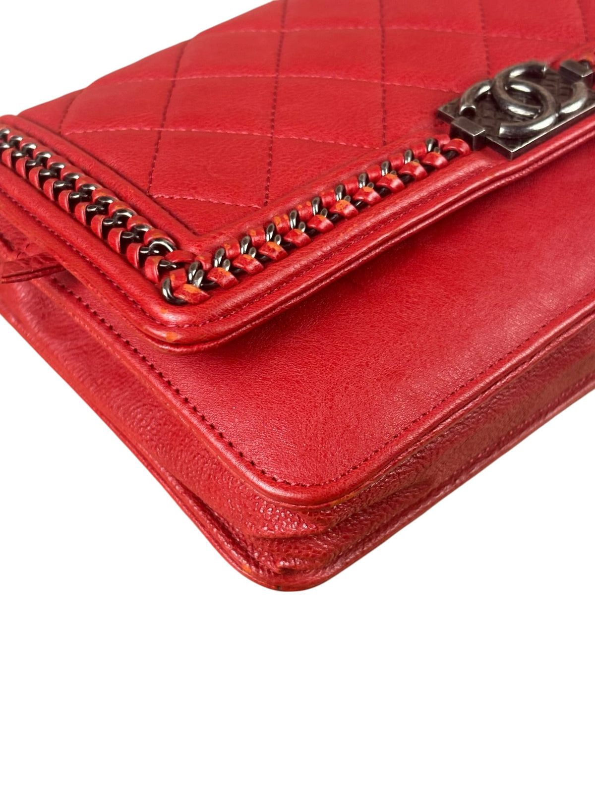 Chanel Red Quilted Lambskin Boy Flap Wallet On Chain 2012