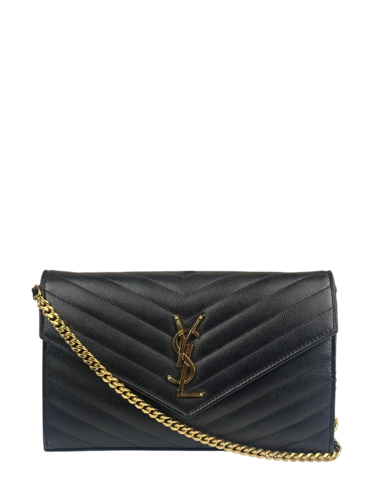 YSL Black Pebbled Matelassè Envelope Chain Wallet On Chain