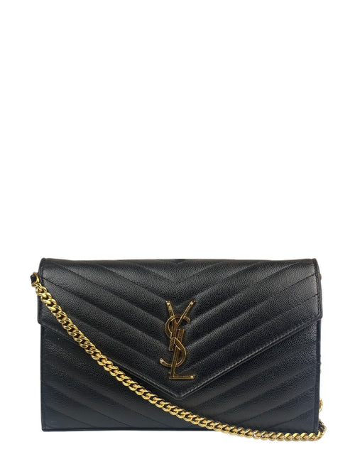 YSL Black Pebbled Matelassè Envelope Chain Wallet On Chain
