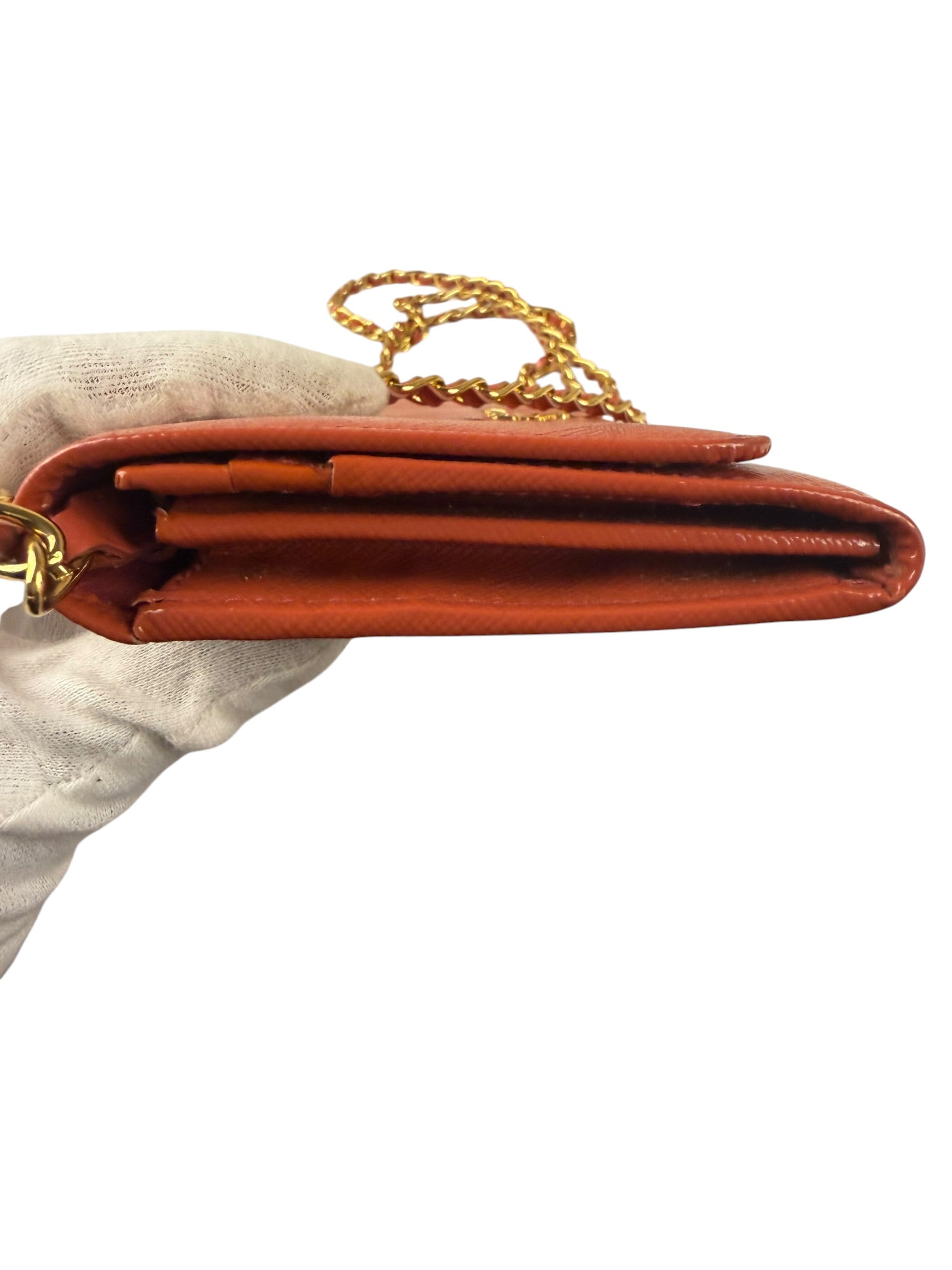 Prada Coral-Red Saffiano Leather Wallet On Chain