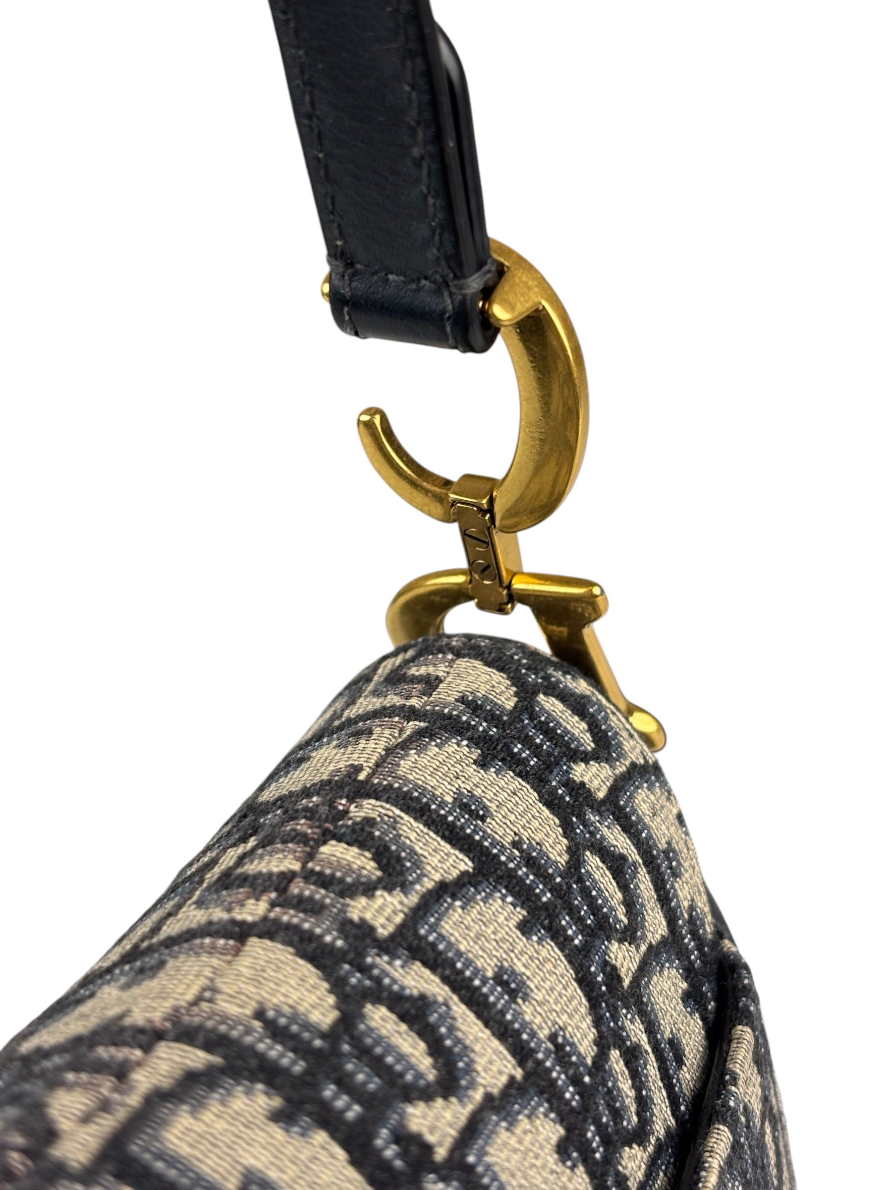 Christian Dior Navy Leather Trim Oblique Saddle Handbag