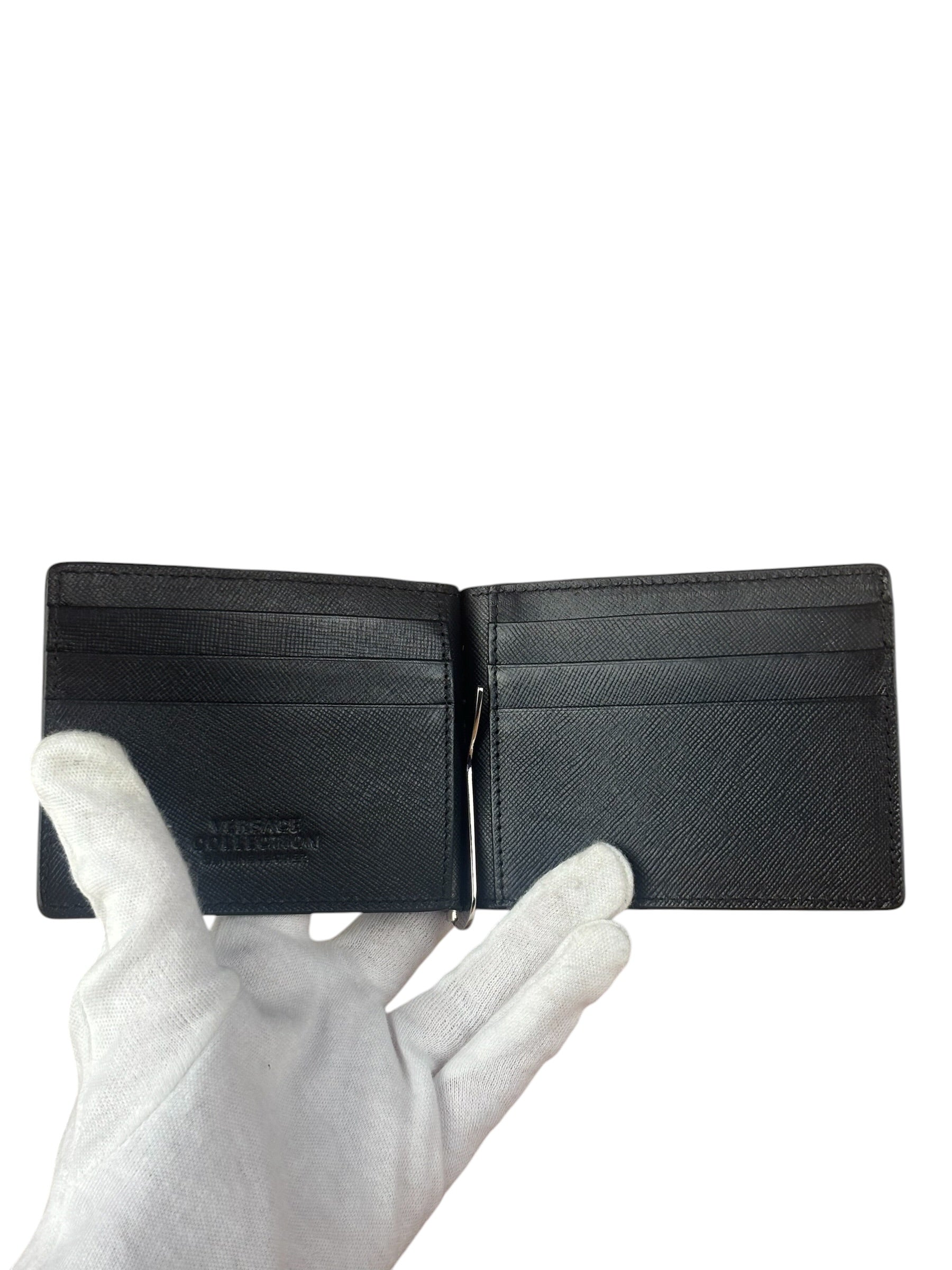 Versace Black Saffiano Leather Bifold Money Clip Wallet
