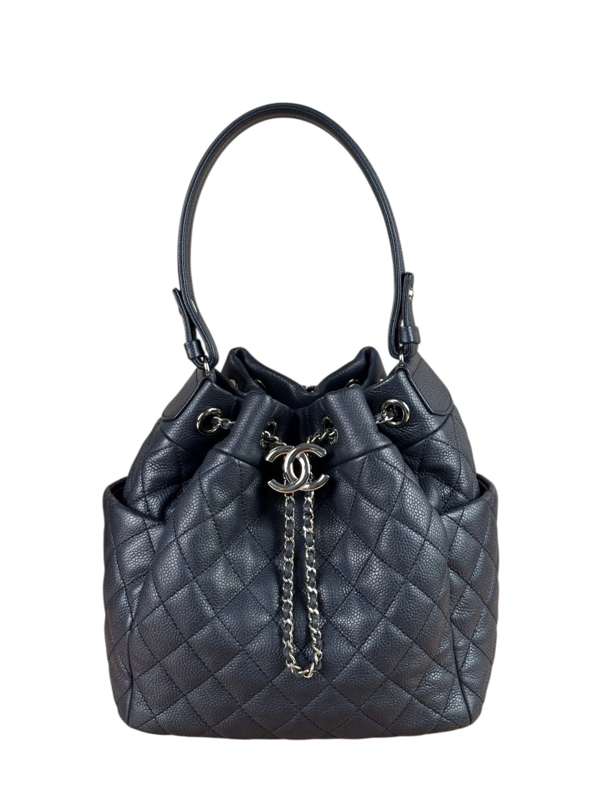 Chanel Navy Quilted Caviar Bucket Bag 2018